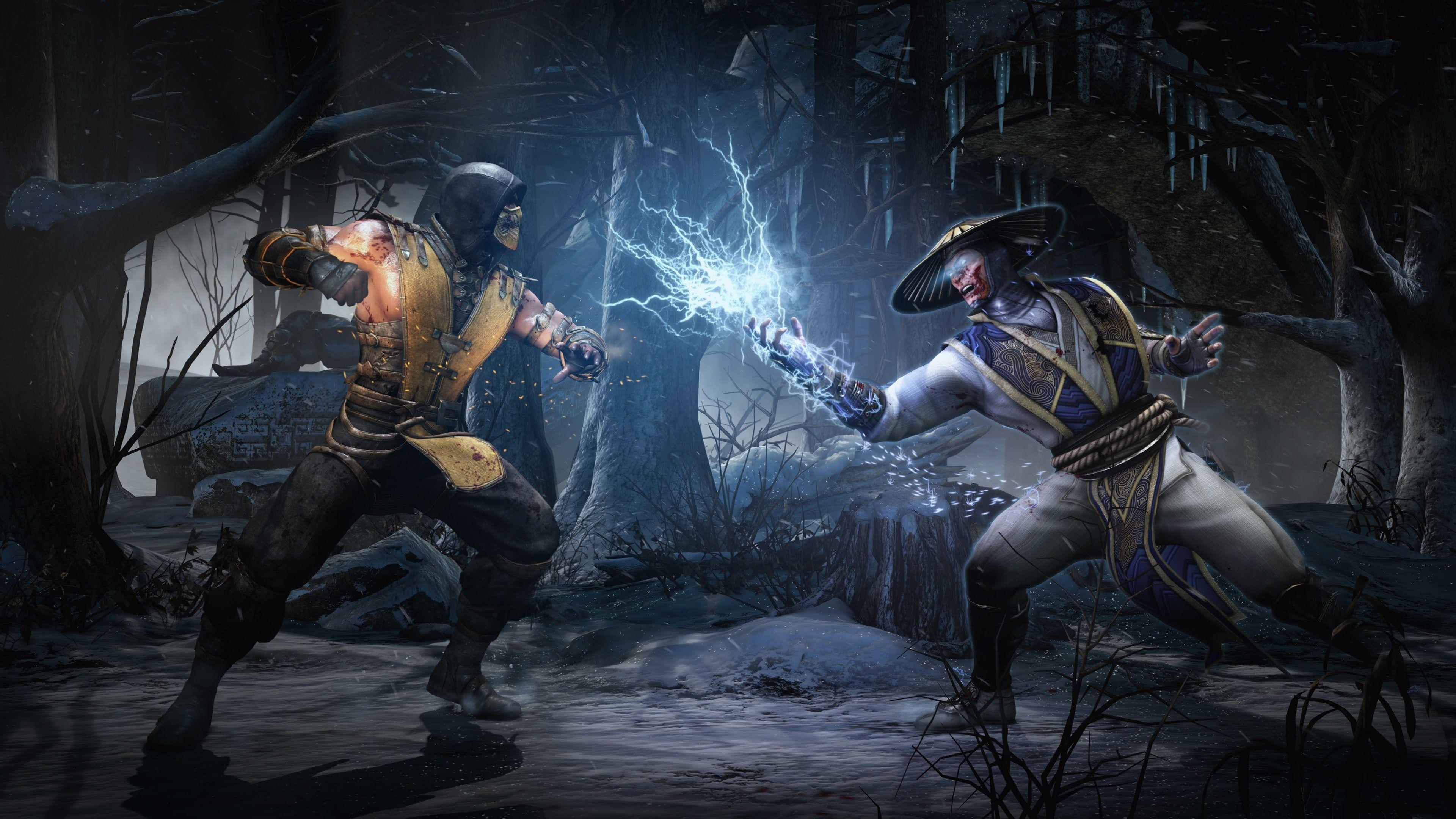 3840x2160 Wallpaper Mortal kombat x game fighting scorpion raiden lighting