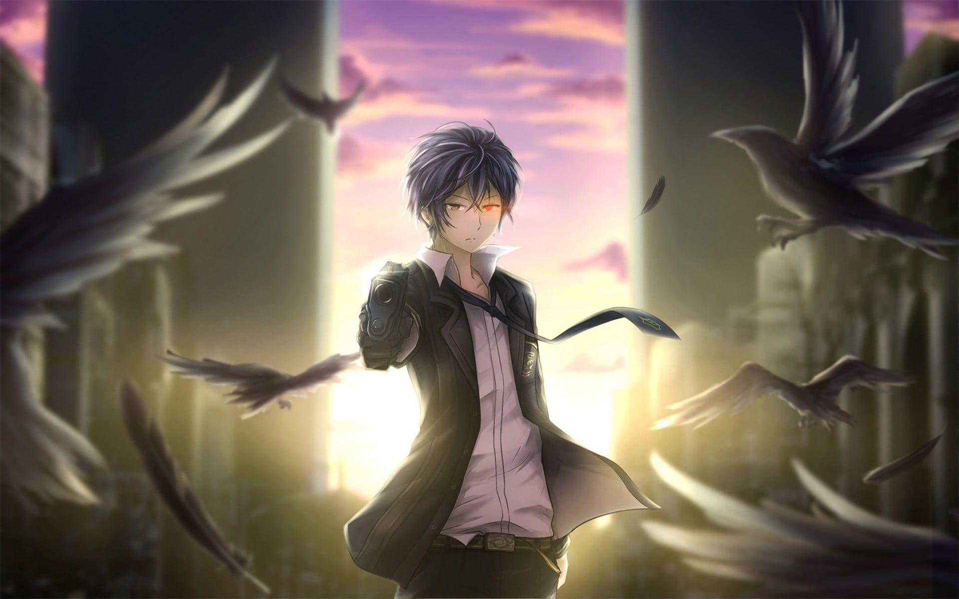 1920x1200 Black Haired Male Anime Character With Crow Digital Wallpaper