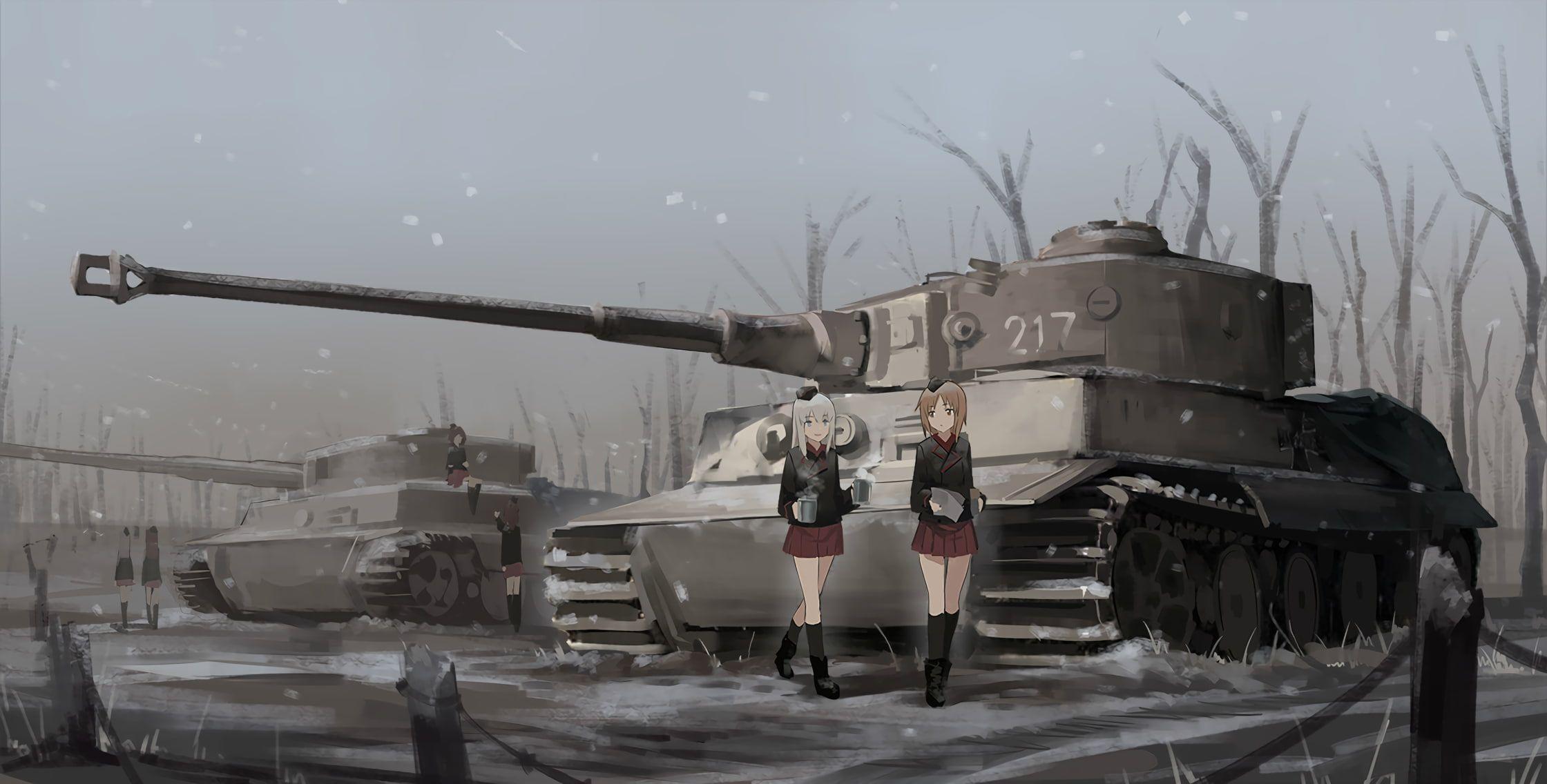 2240x1136 Anime, military, vehicle, tank, anime girls, war, snow, Girls und