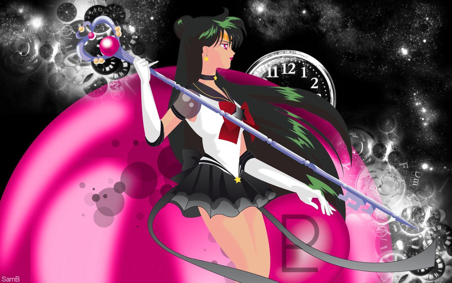 1500x938 elbow gloves gloves green hair meiou setsuna pink eyes sailor moon