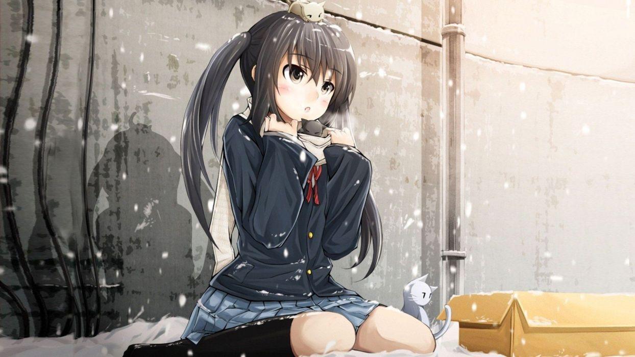 1244x700 K ON! Nakano Azusa Anime Girls Snow Kittens School Uniform