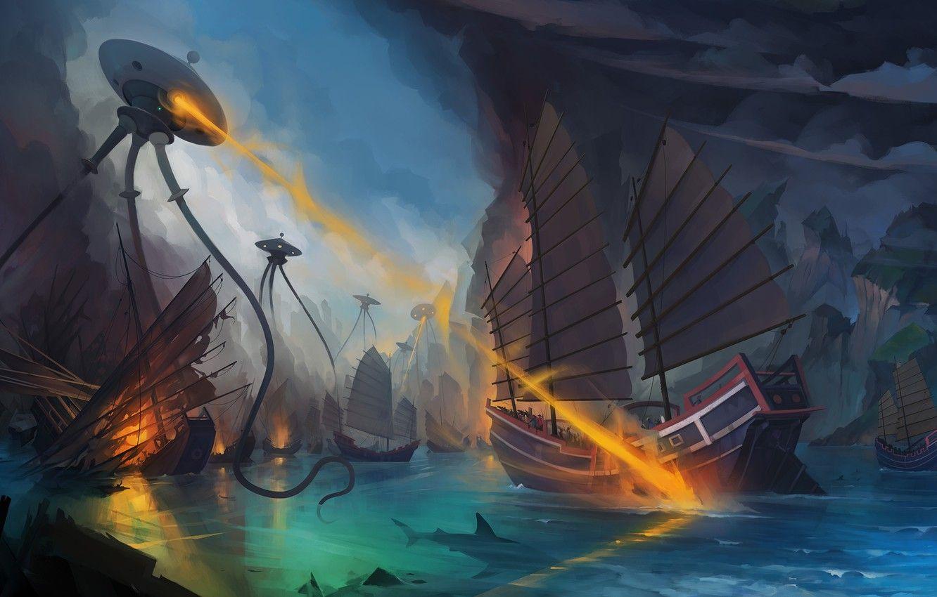 1332x850 Wallpaper sea, fantasy, fiction, ship, robots, art, aliens image