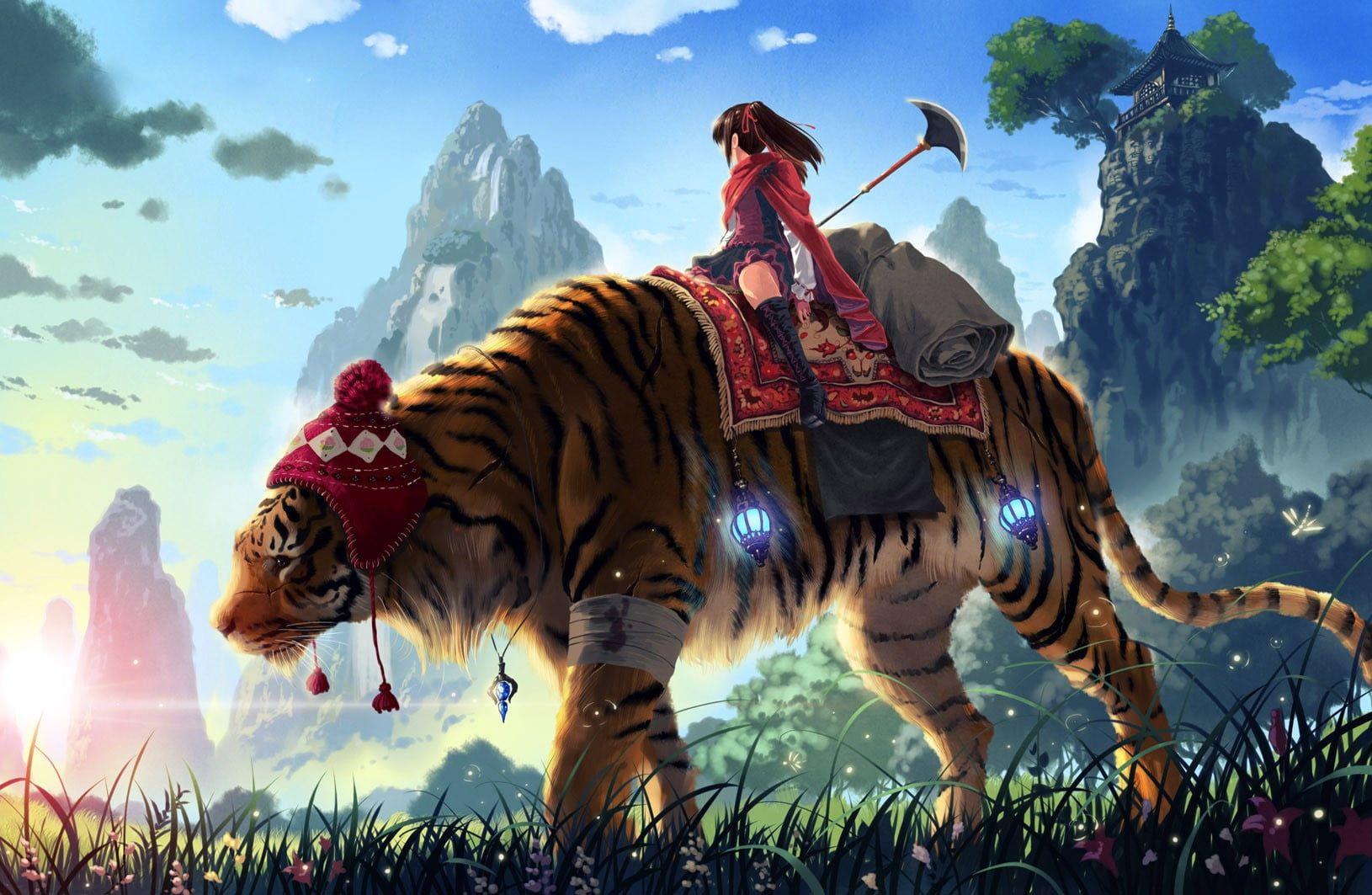 1630x1063 Woman riding tiger character illustration, tiger, anime girls