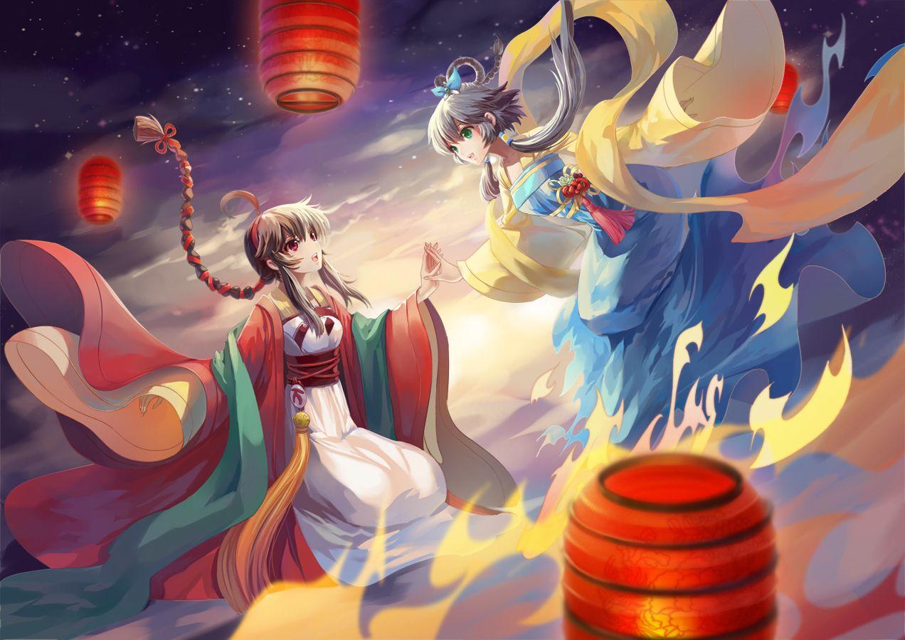 1272x900 2girls braids chinese clothes clouds dress gray hair green eyes