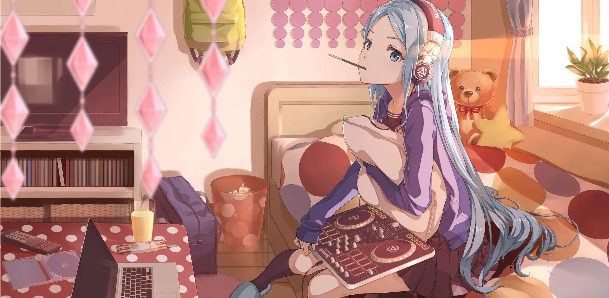 2058x1006 #headphones, #computer, #blue Eyes, #knee Highs, #Vocaloid
