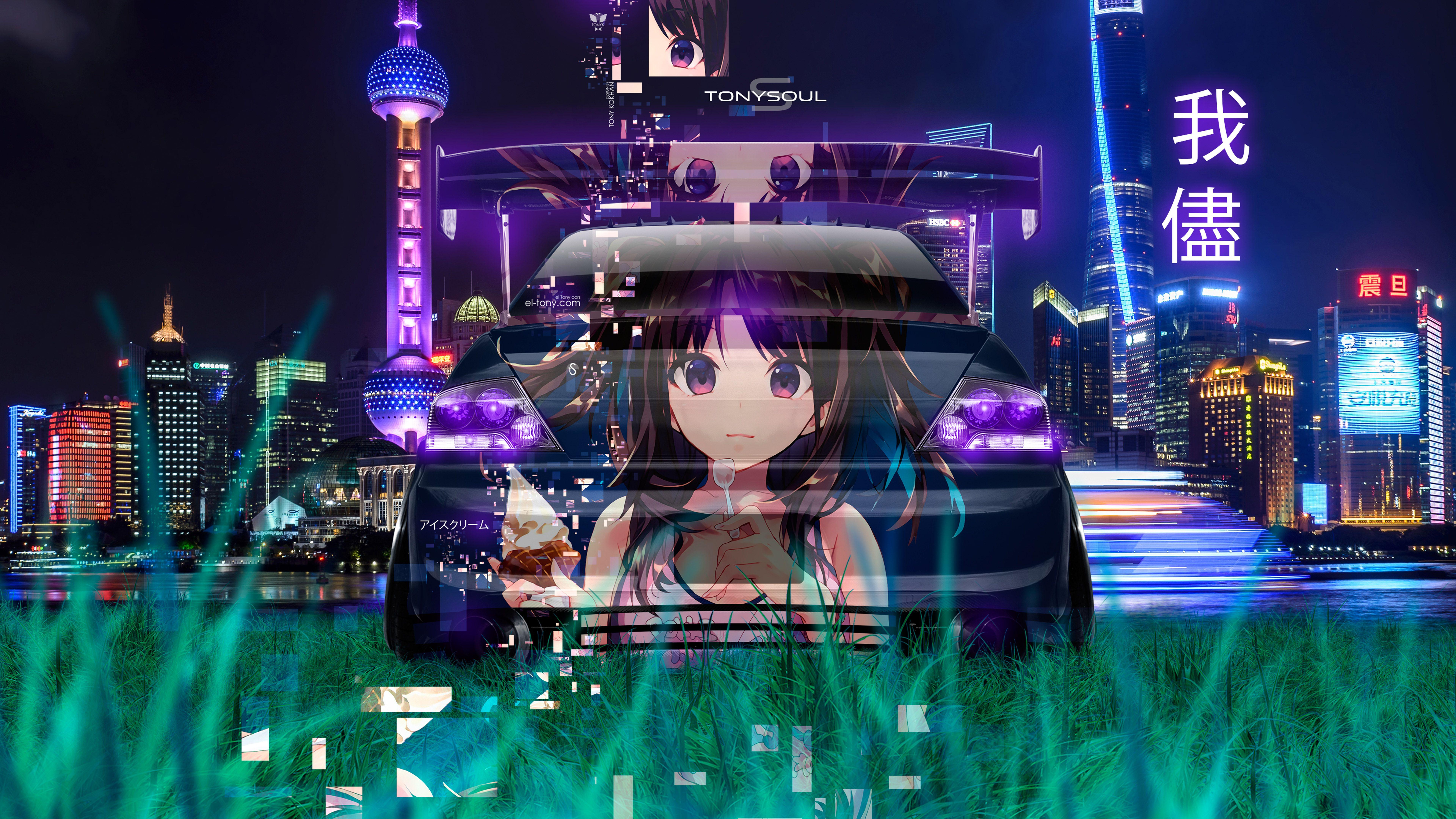 7680x4320 MITSUBISHI LANCER EVOLUTION JDM BACK ANIME GIRL SELFISHNESS ICE