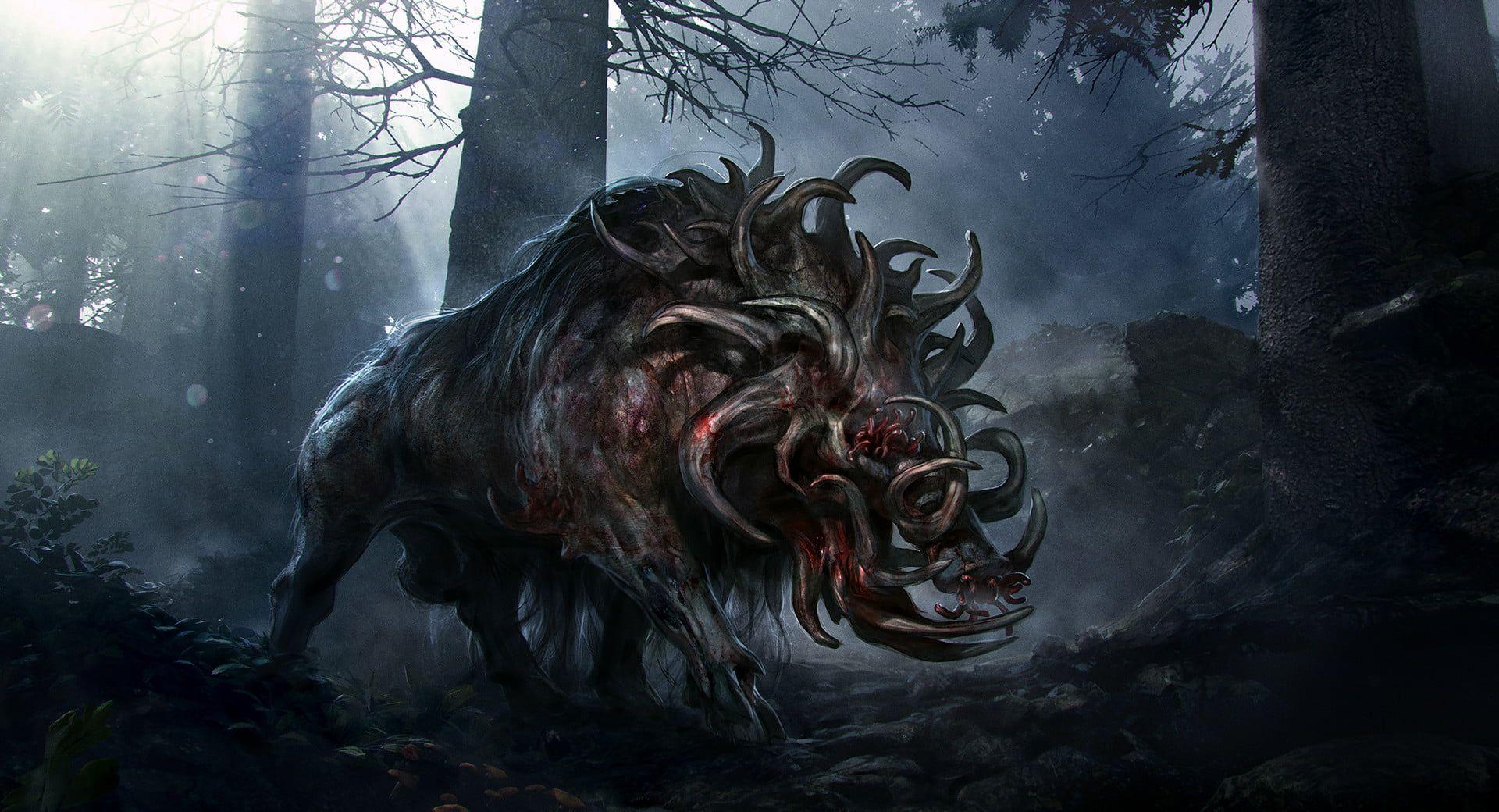1920x1040 Wild boar digital wallpaper, digital art, creature, forest, blood