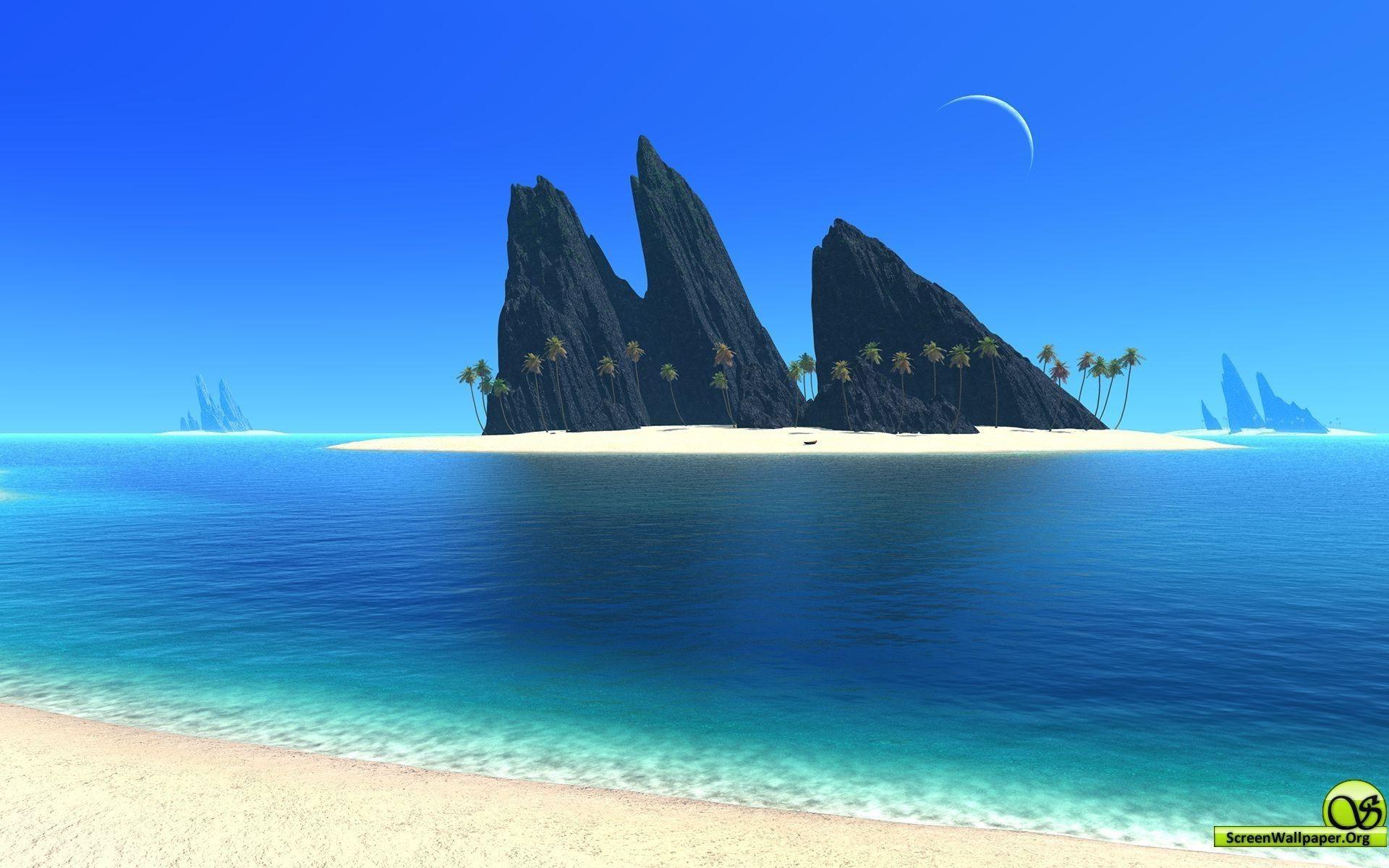 1920x1200 Beach, animated, moon, clear, sky, wallpaper, sun, mountain, sea