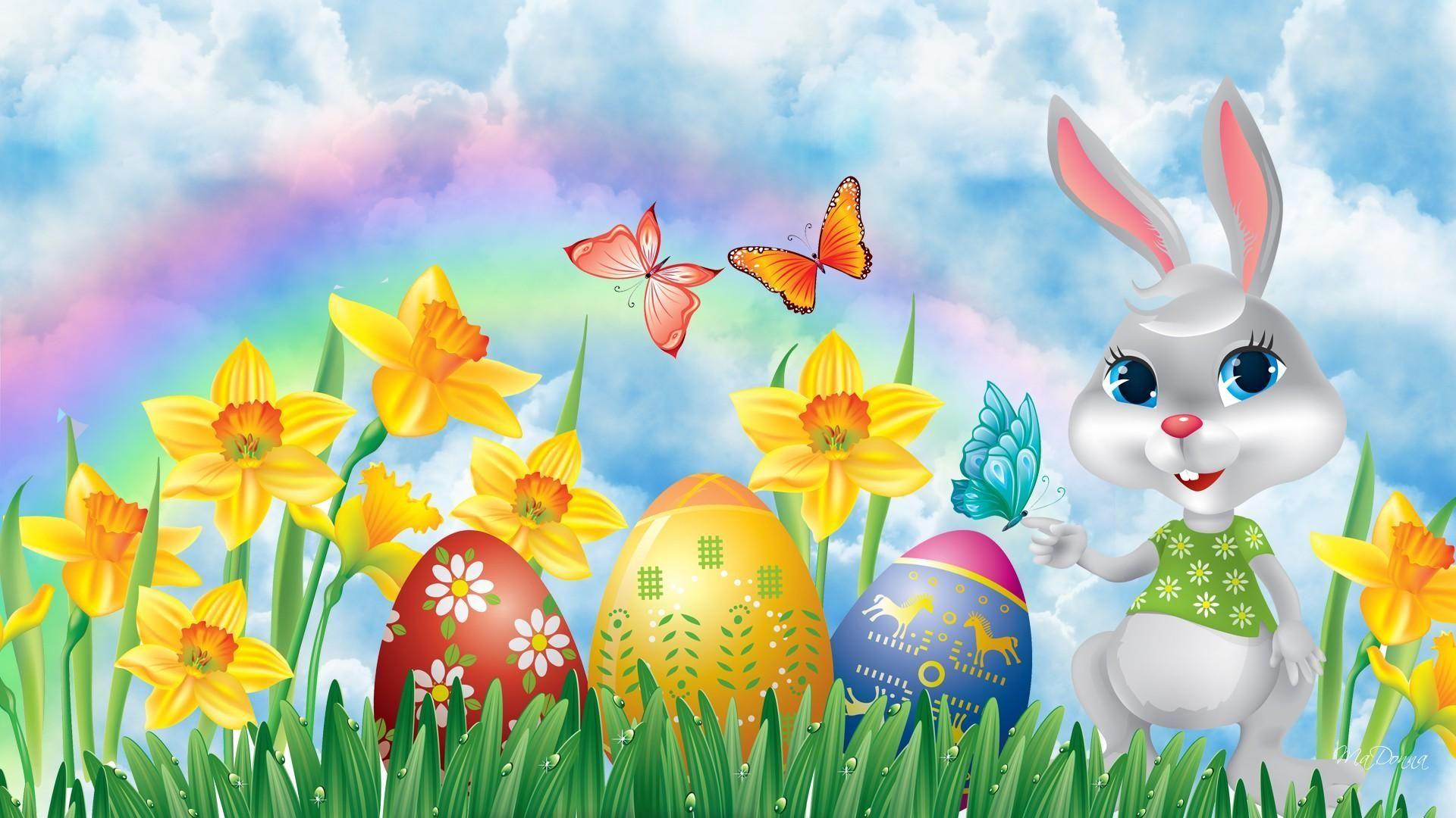 Cute bunny and colored eggs Easter 2K wallpaper download