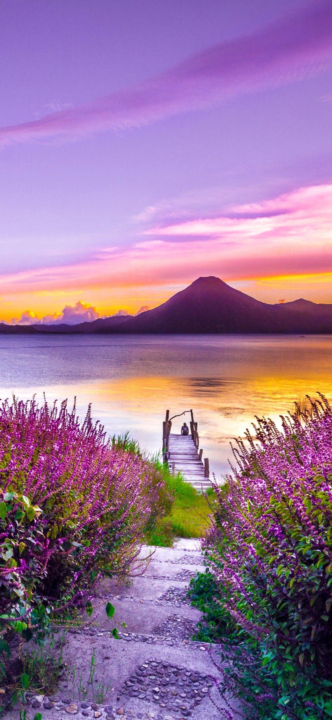 1125x2436 Volcano Sunset Flower Purple Dreamy Landscape 4k 5k