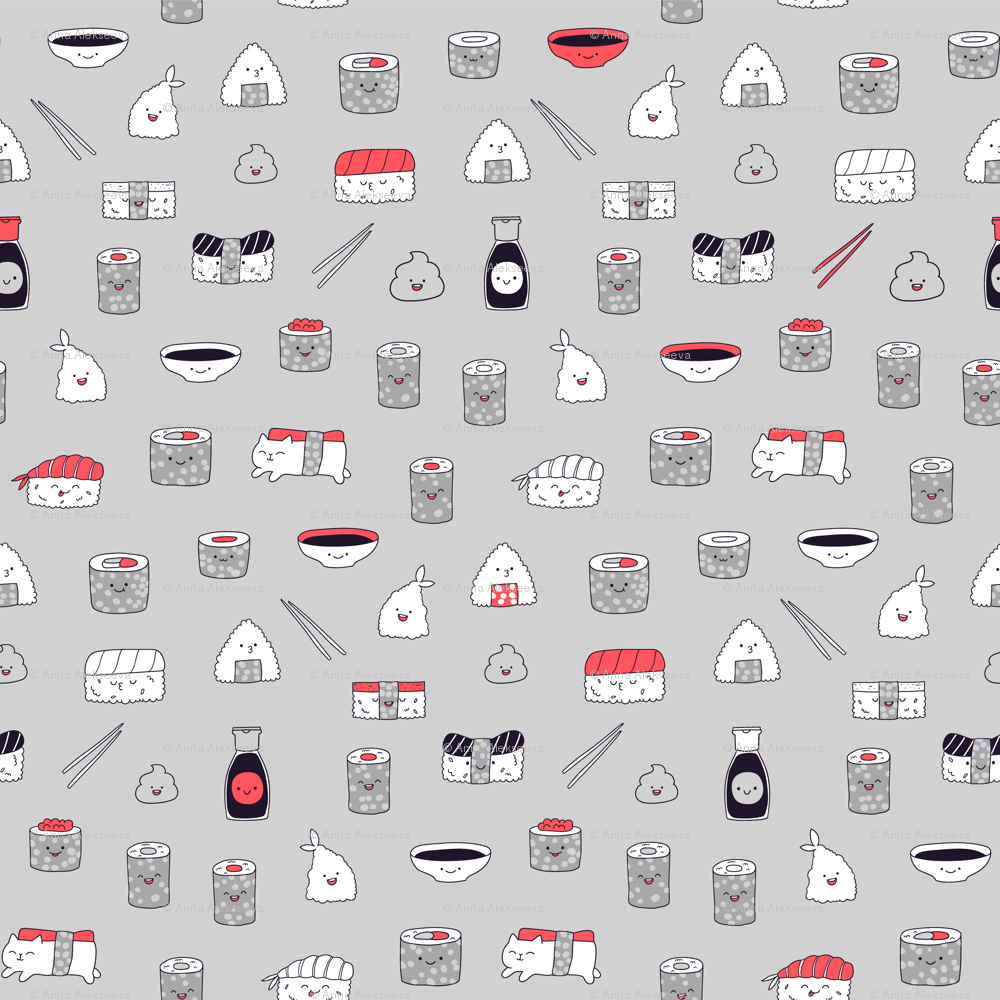 1000x1000 kawaii sushi pattern grey fabric