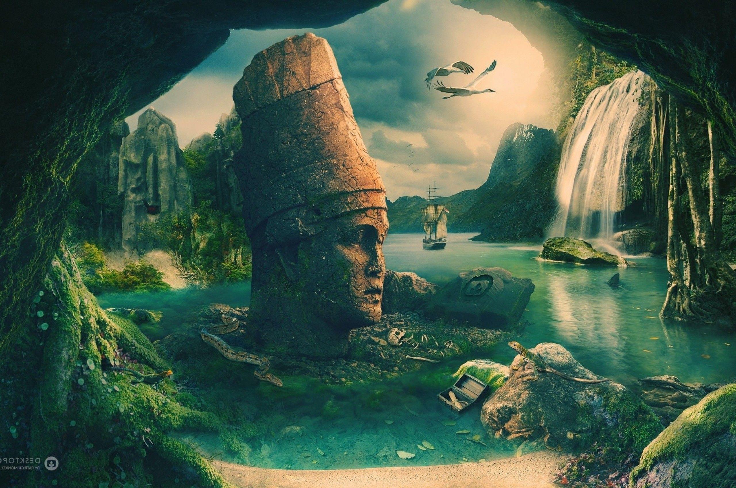 2560x1700 Download 2560x1700 Waterfall, Statue, Ghost Ship Wallpaper