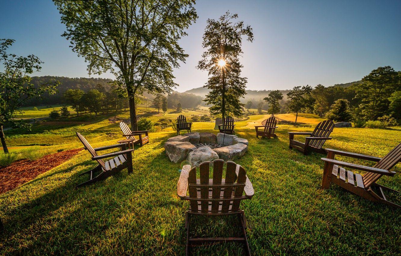 1332x850 Wallpaper grass, nature, sunset, wood, chairs, rest, stove image