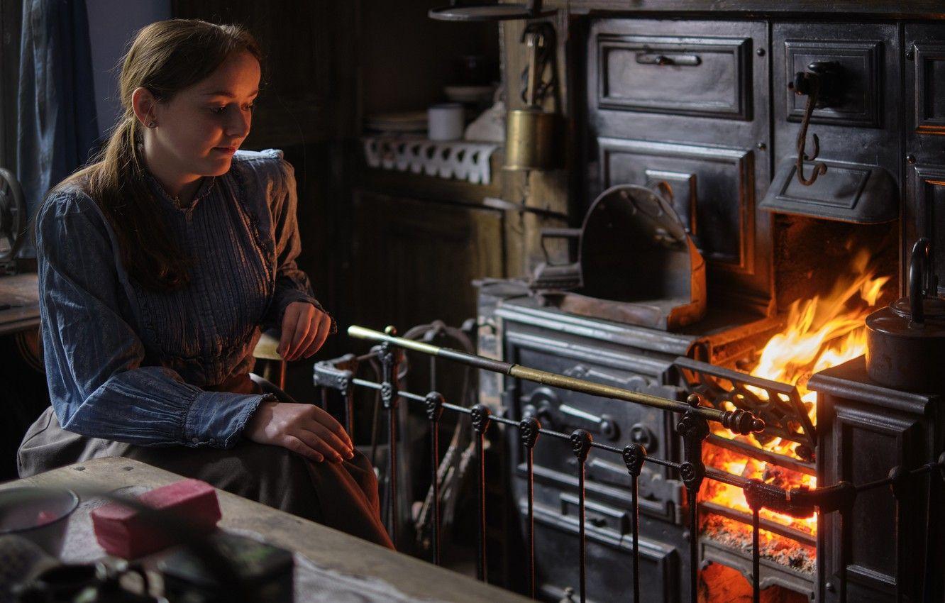 1332x850 Wallpaper girl, old, fire, stove image for desktop, section