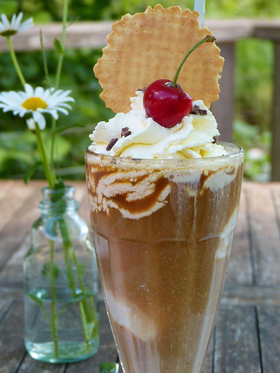 910x1213 HD wallpaper: iced coffee, cherry, cream, ice cream, cold, summer
