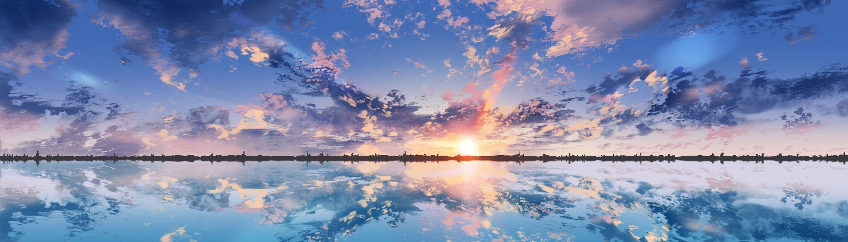 2756x787 Anime Scenic, Clouds, Sunset, Reflection, Dual Monitor