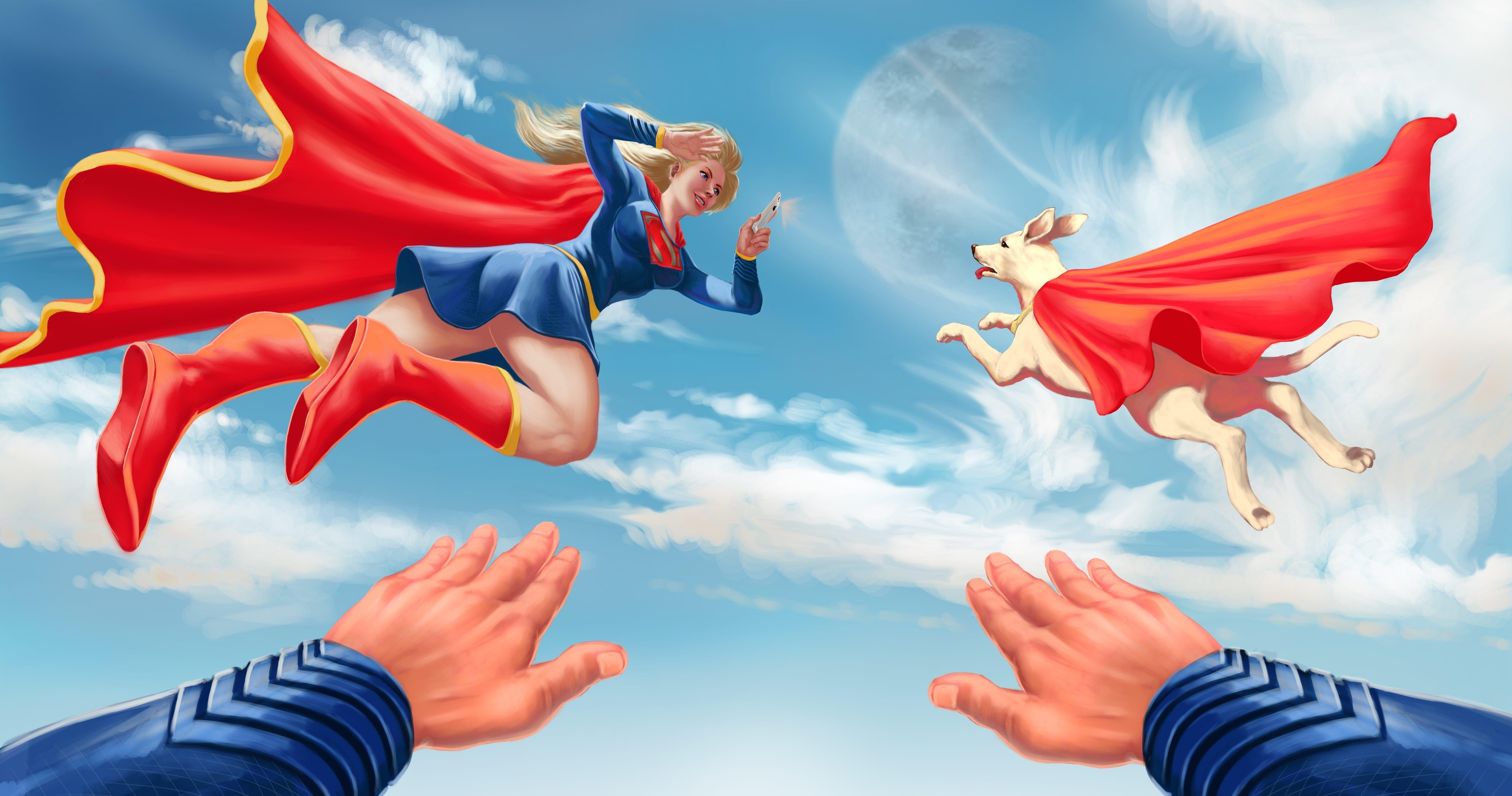6000x3160 Supergirl Superdog Sky Drawing 6k. Supergirl, Wallpaper, Best