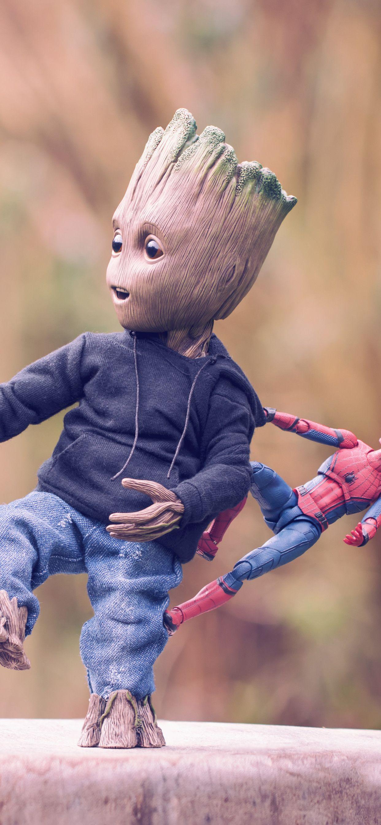 1242x2688 Baby Groot Iron Man And Spiderman iPhone XS MAX HD 4k Wallpaper, Image, Background, Photo and Picture
