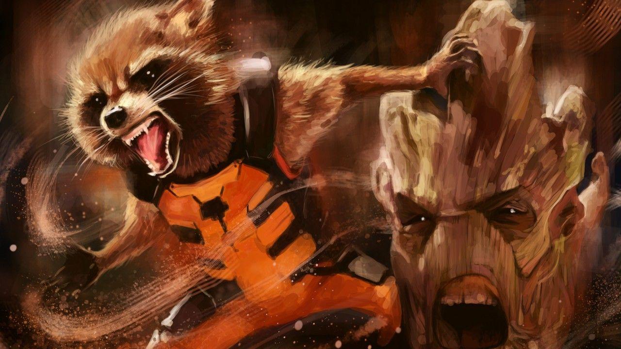 1280x720 Wallpaper Groot, Rocket Raccoon, Guardians of the Galaxy, Artwork