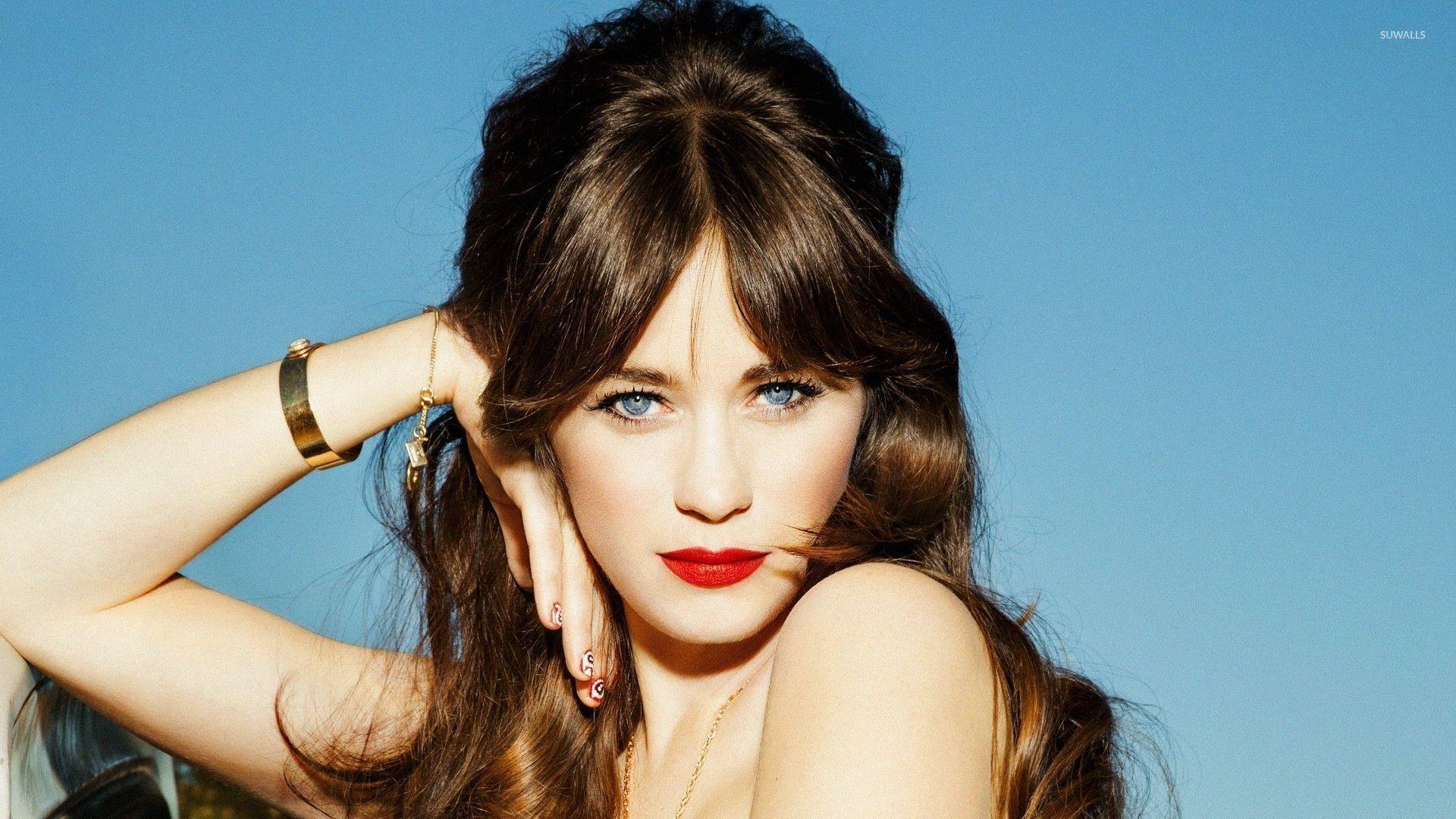 1920x1080 Zooey Deschanel portrait with red lips wallpaper