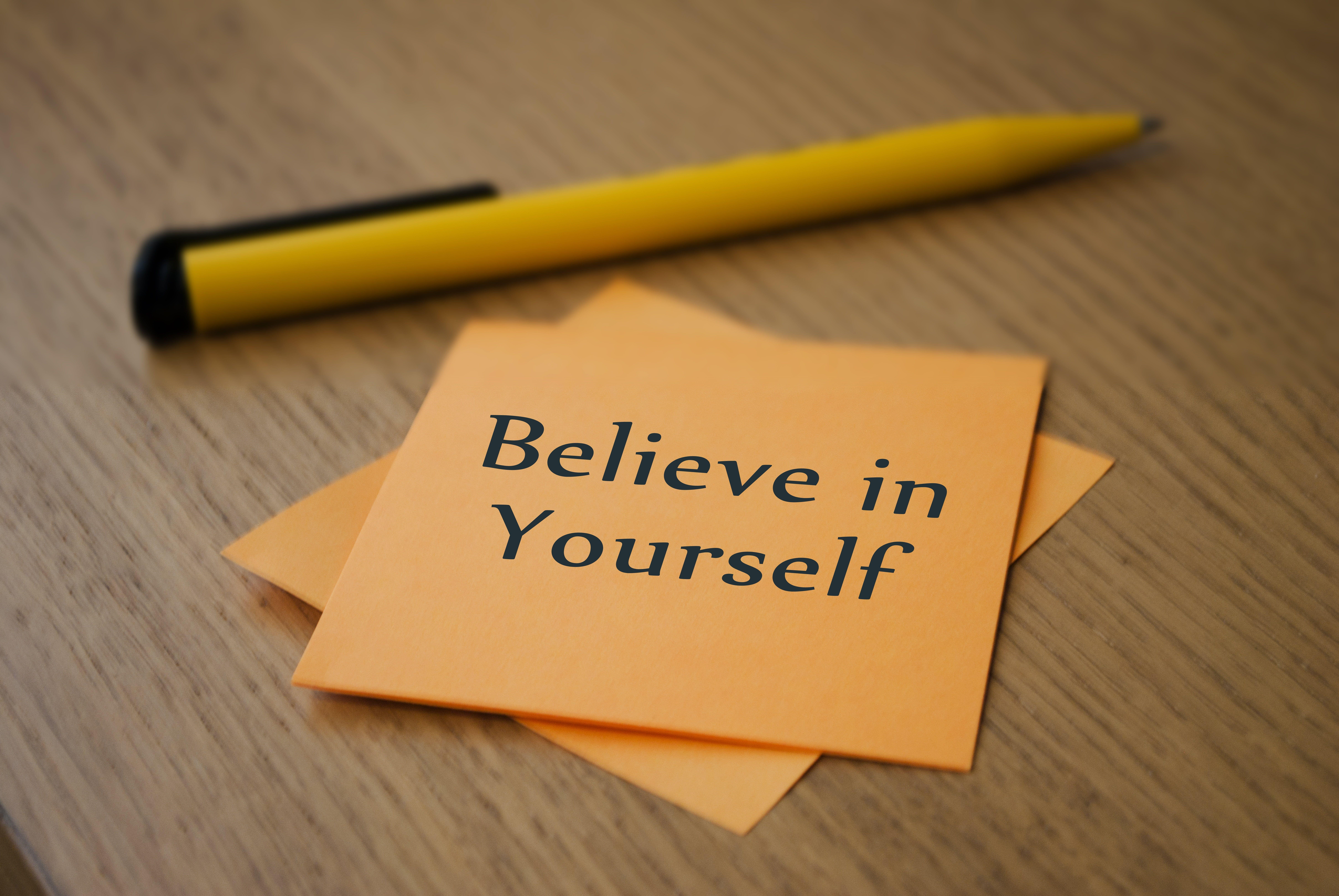 9680x6480 Orange sticky note with Believe in Yourself text HD wallpaper