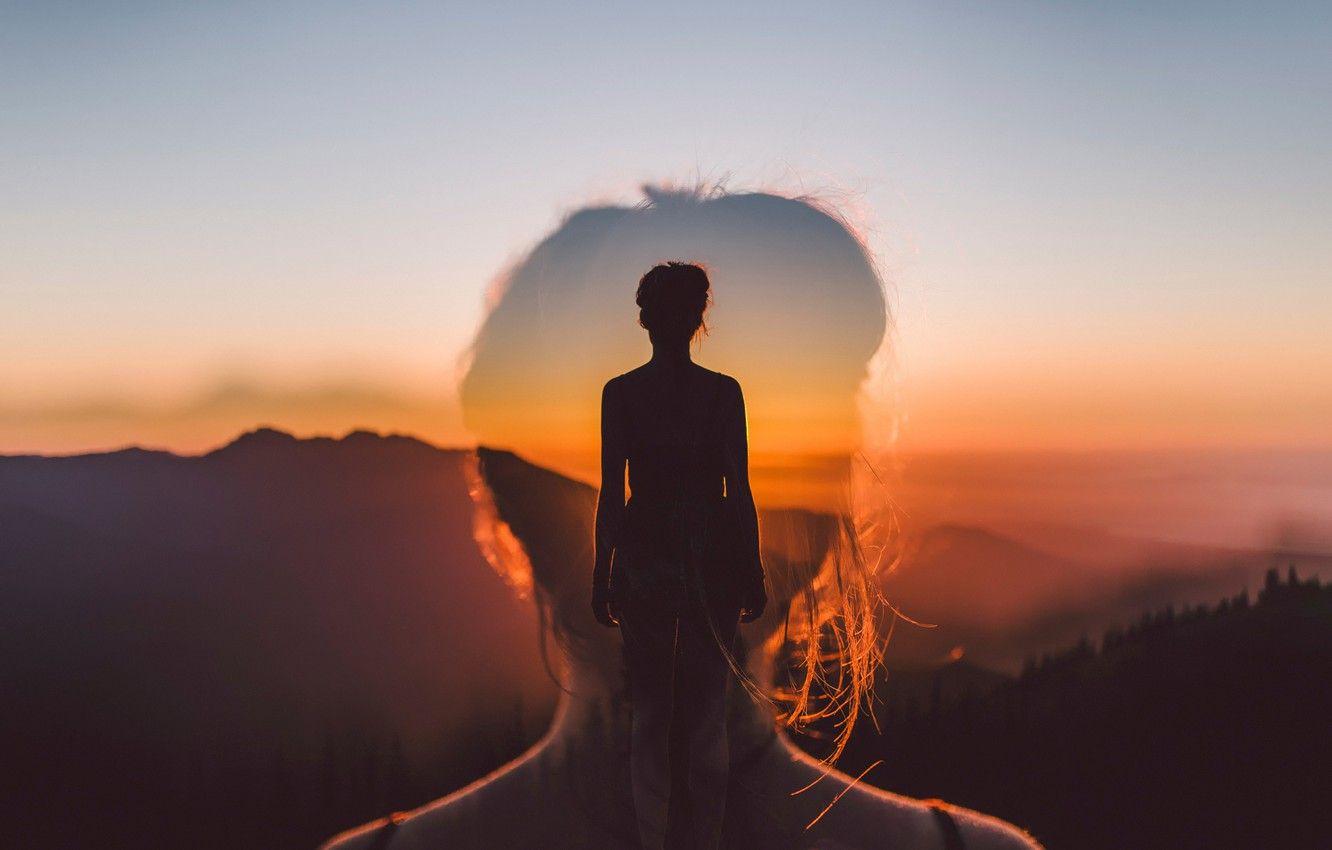 1332x850 Wallpaper girl, sunset, silhouette, double exposure, Believe