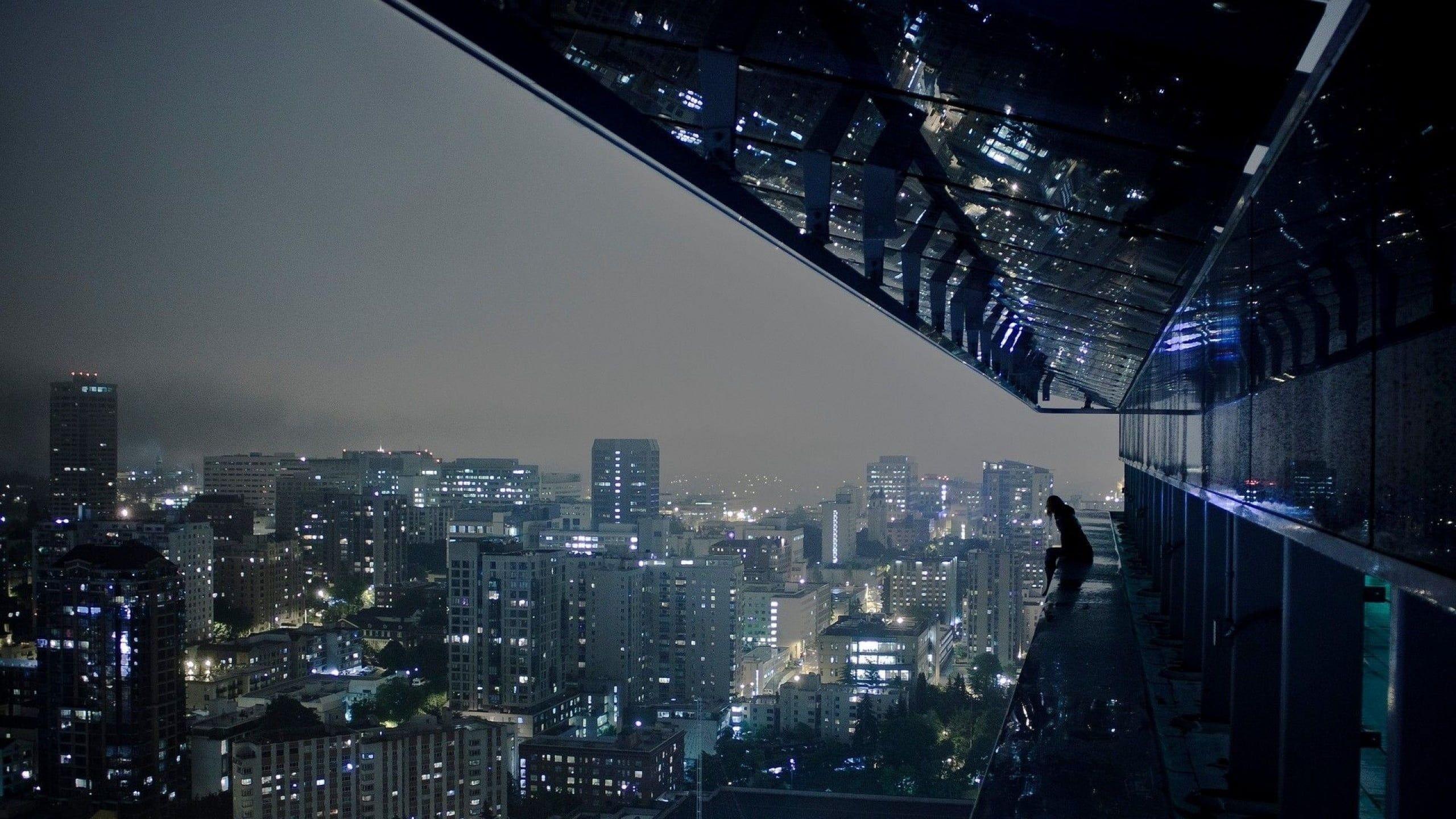 skyscraper rooftop night background