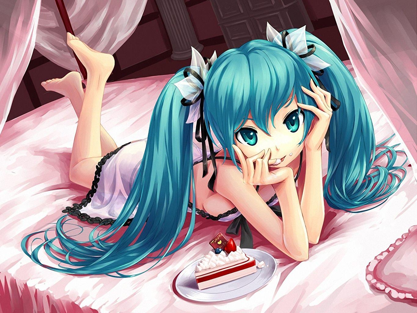 1365x1024 image Vocaloid Hatsune Miku Hair Anime young woman Bed Little cakes