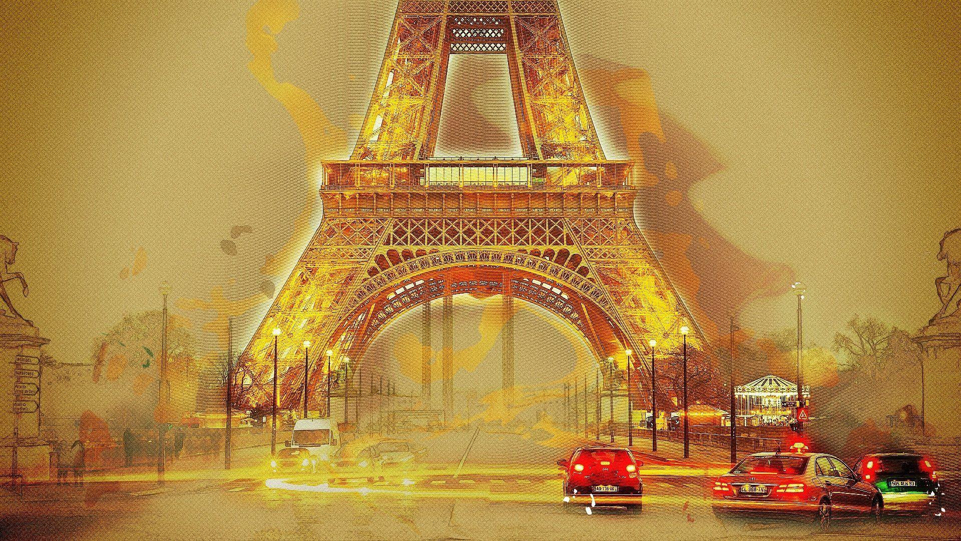 1920x1080 Painting of Eiffel Tower in Paris HD Wallpaper. Background Image