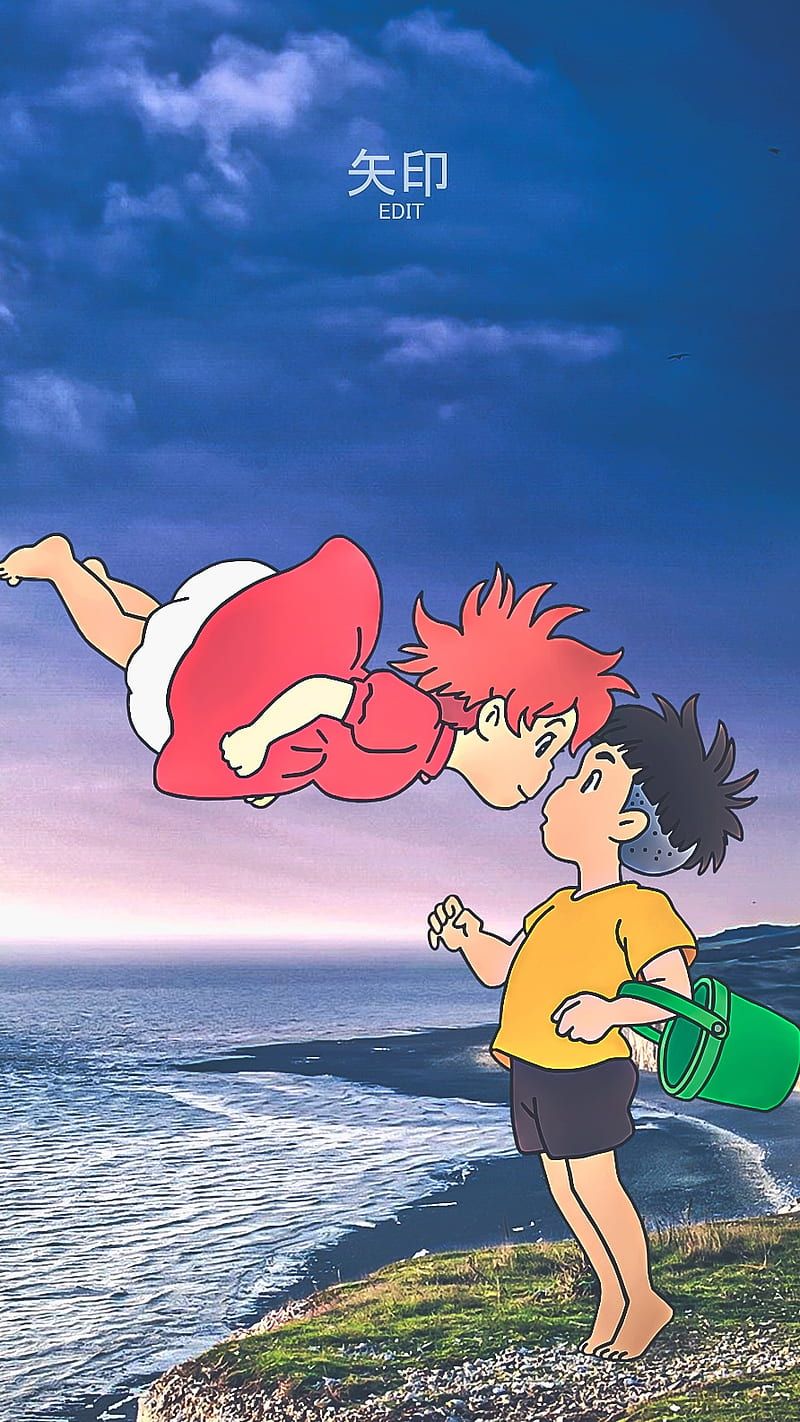 800x1422 Ponyo, anime, ghibli, love, ocean, sky
