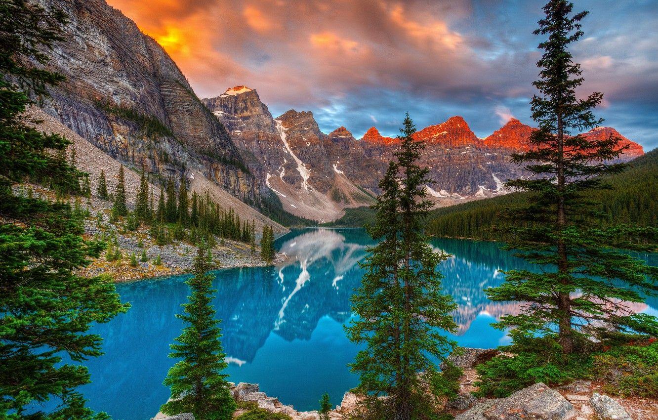1332x850 Wallpaper trees, mountains, lake, reflection, Canada, Albert