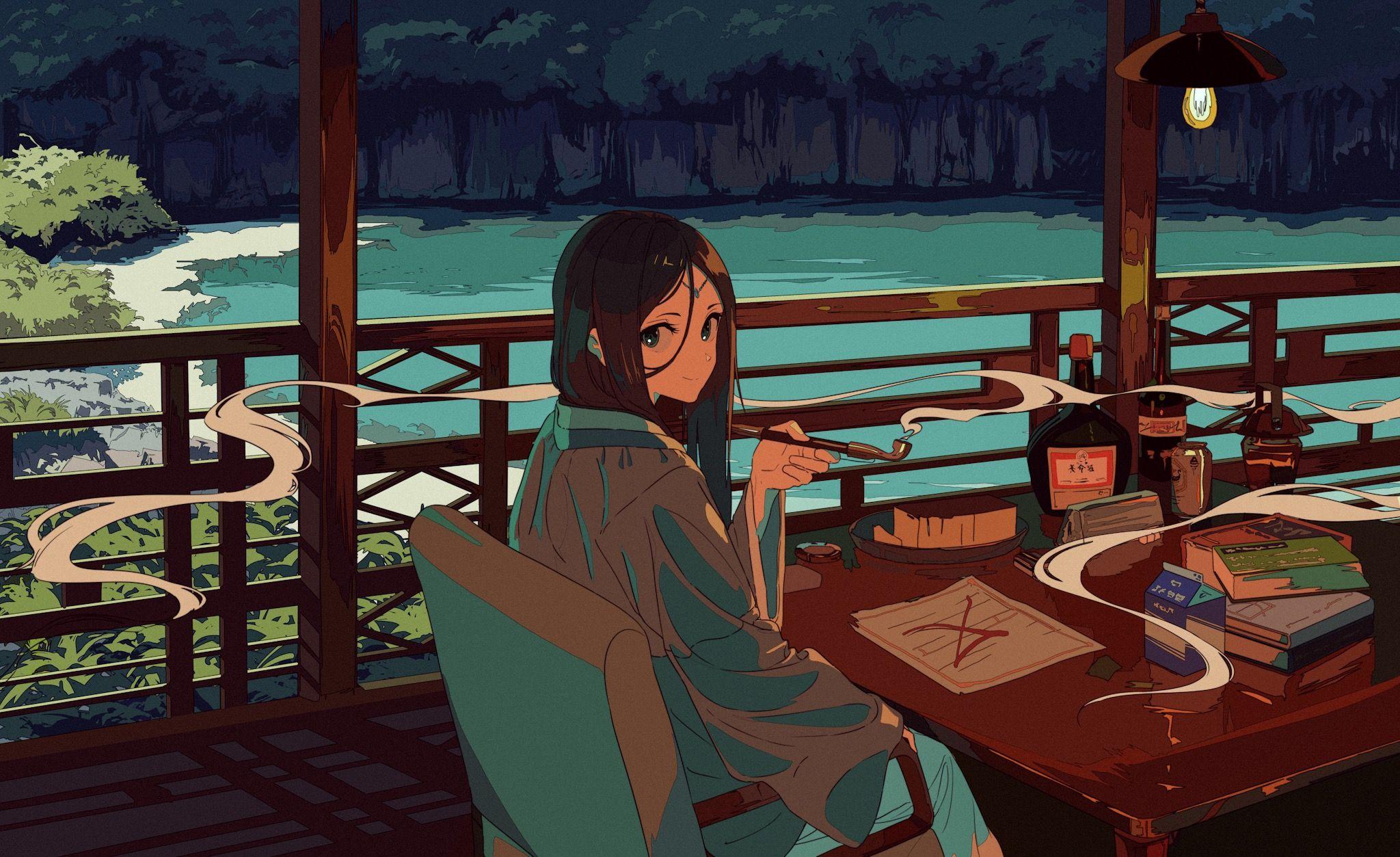 2048x1253 #pipe, #books, #smoking, #original characters, wallpaper. Mocah HD Wallpaper