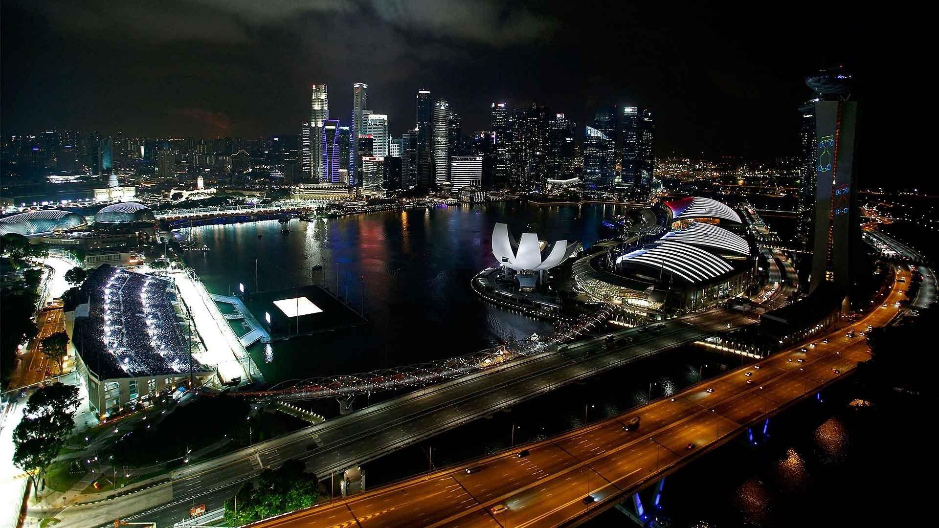 1920x1080 landscape, Singapore, Night, Formula Race Cars, Cityscape