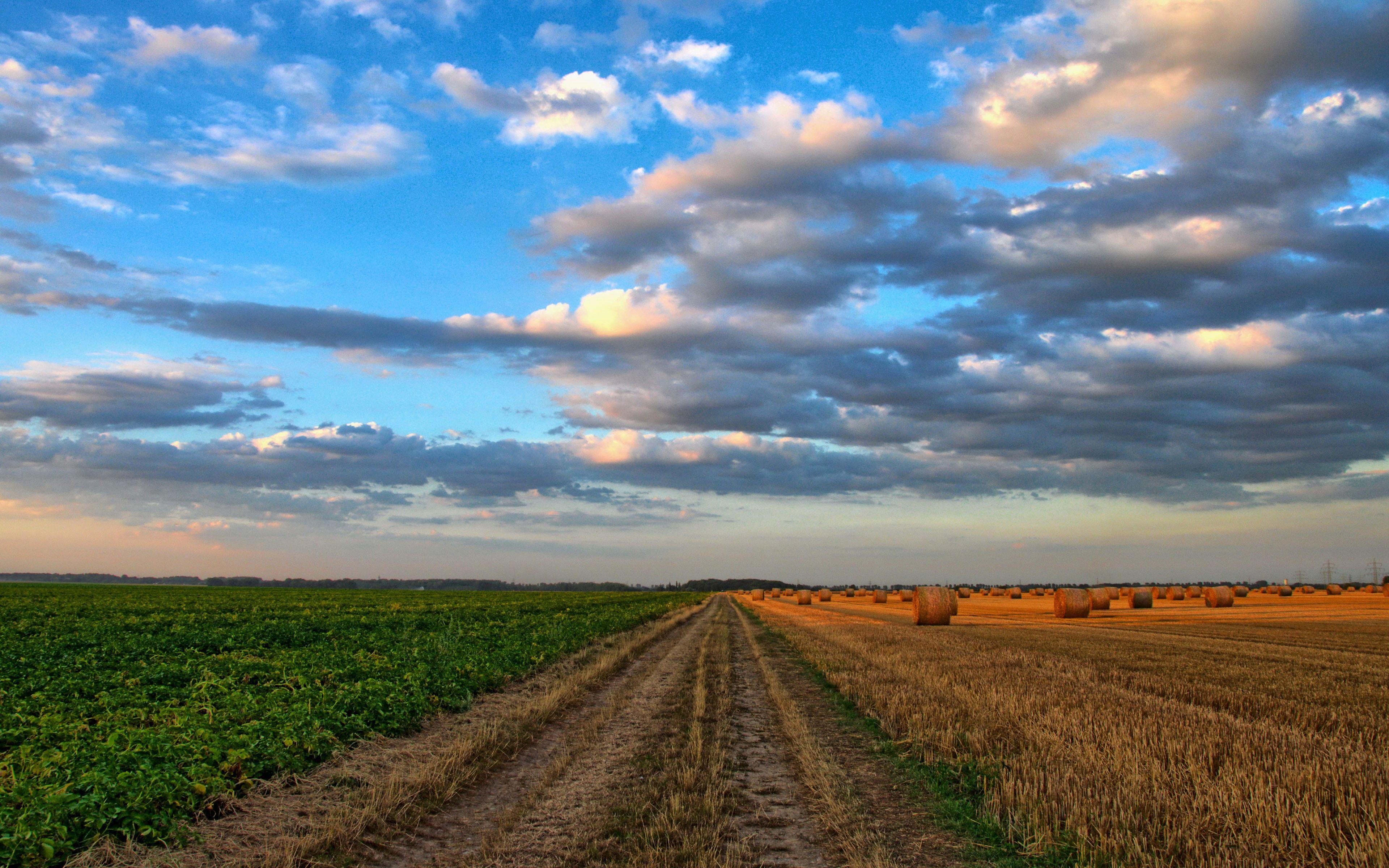 3840x2400 Country Road, Field, Harvest, Bales Of Straw Horizon And White