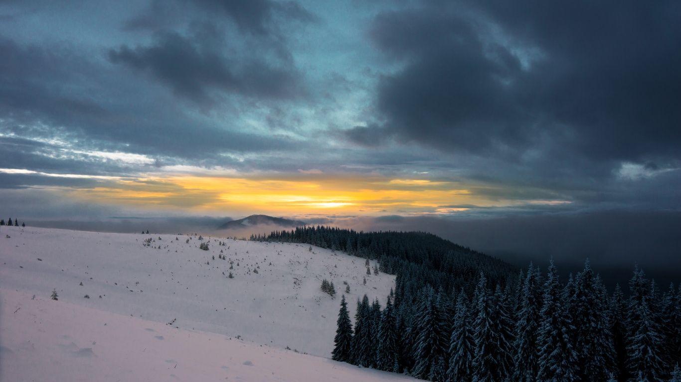 1366x768 Download Sunset, clouds, dark, landscape, nature wallpaper