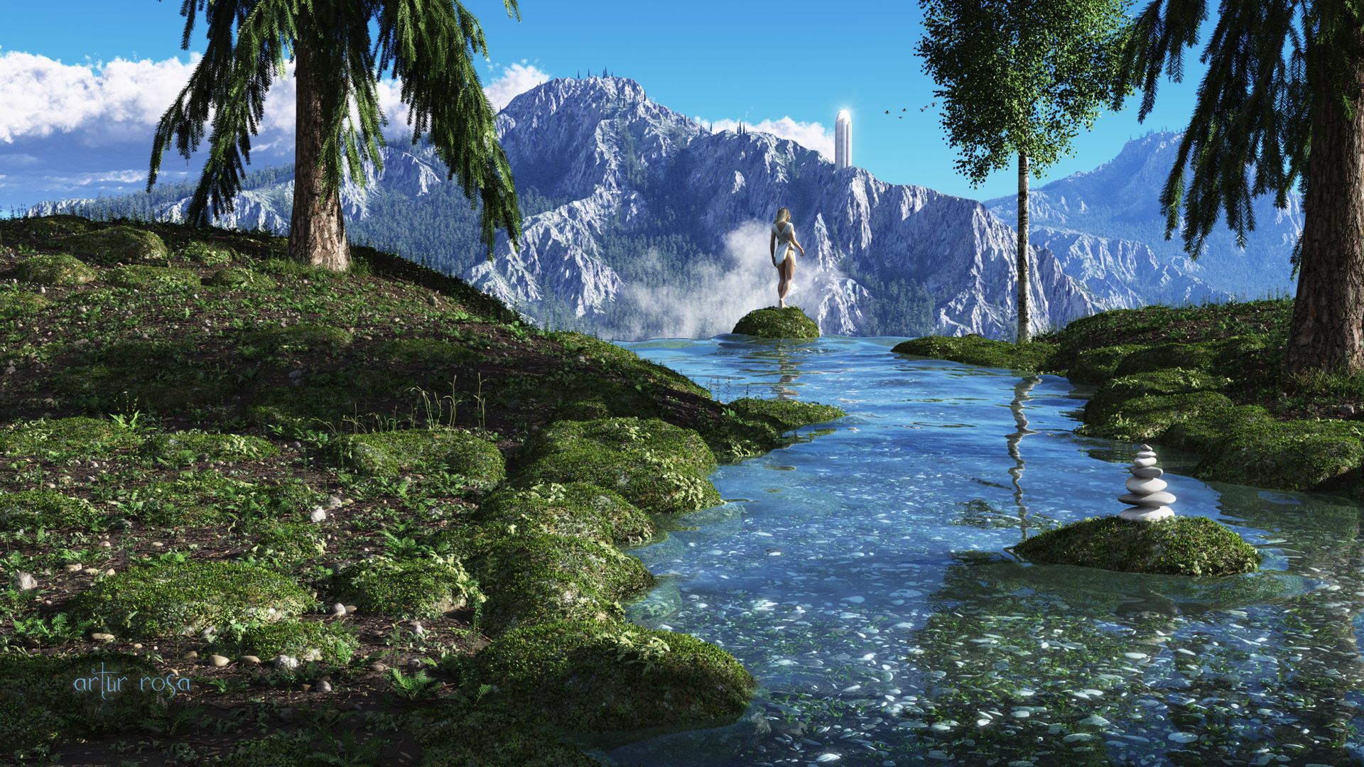 1920x1080 rivers, Mountains, Fantastic, World, Grass, 3D, Graphics, Nature, Fantasy Wallpaper HD / Desktop and Mobile Background