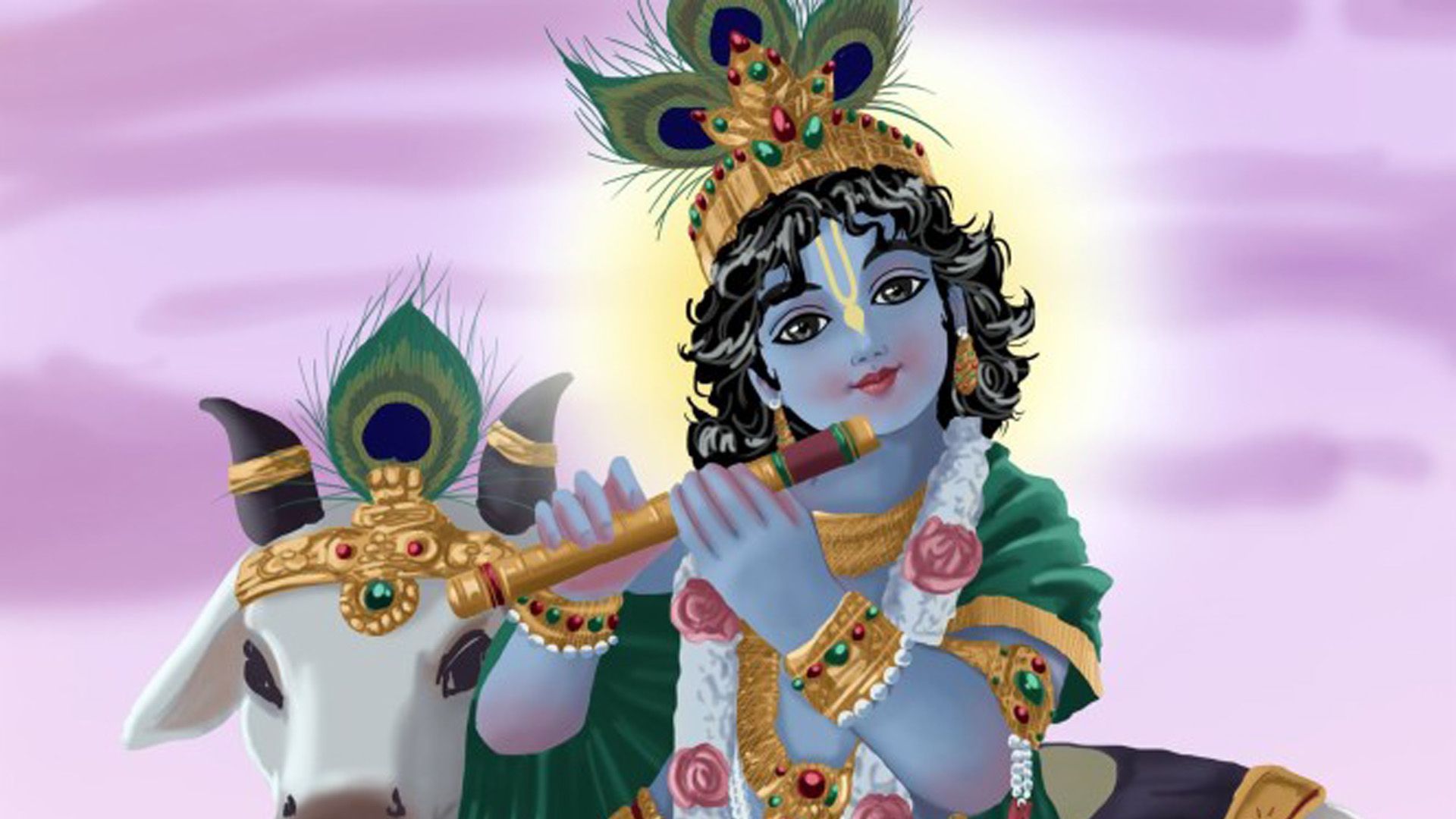 1920x1080 Little Krishna With Flute In Light Purple Background God HD Krishna Wallpaper