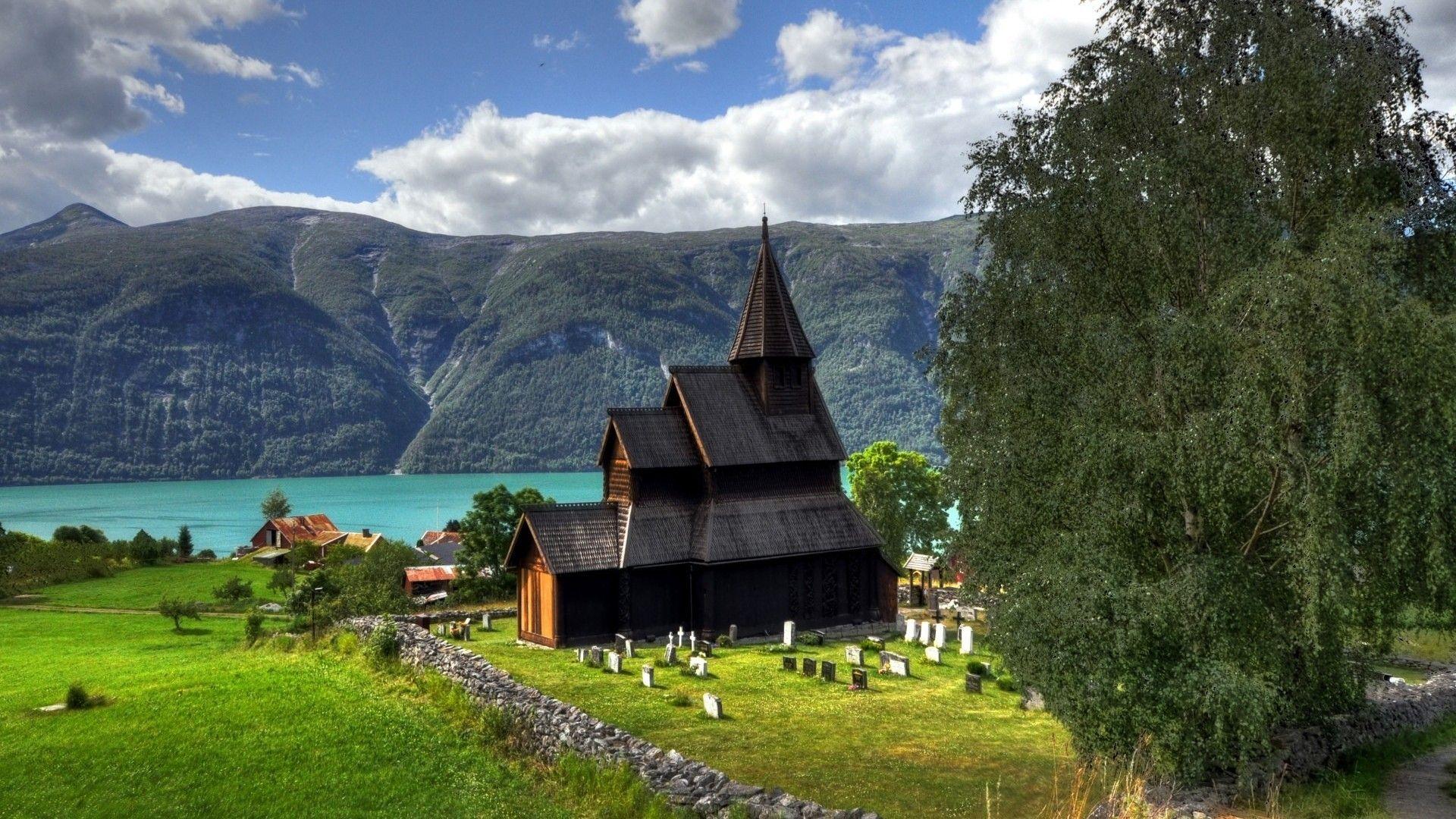 1920x1080 Religious: Church Norway Countryside Landscapes Europe Cemetery Lake