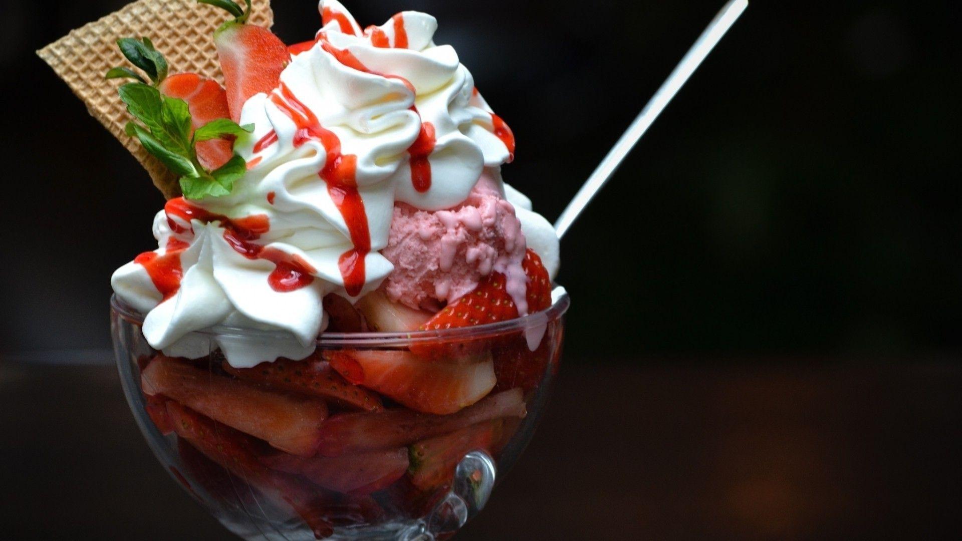 1920x1080 Strawberries, ice cream, whipped cream, wafer and parsley