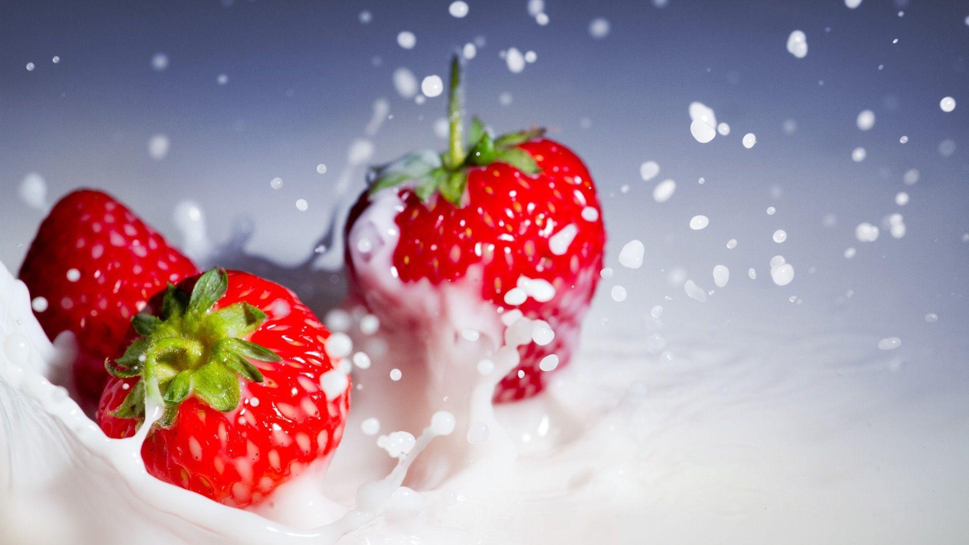 1920x1080 Wallpaper Red strawberries splash whipped cream 1920x1080 Full HD