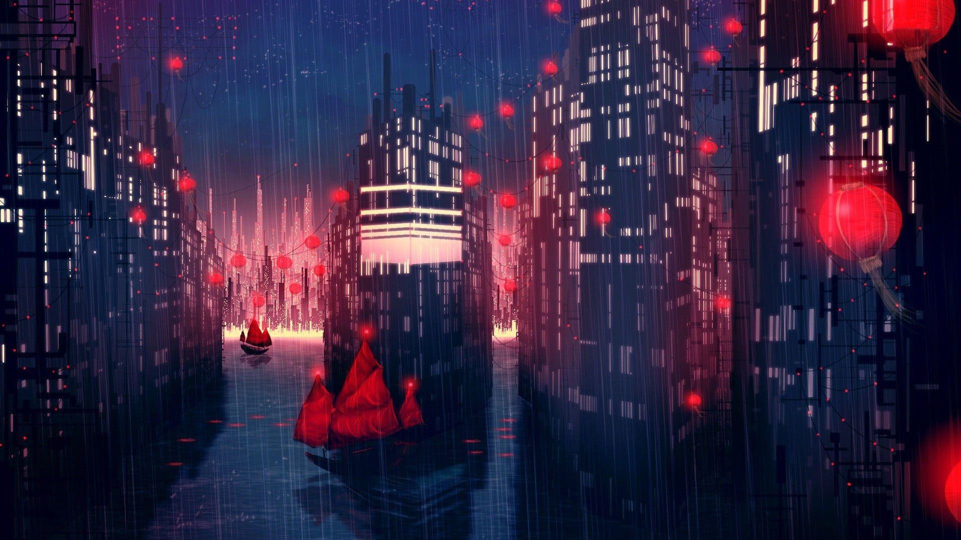 1920x1080 City buildings on rainy evening illustration HD wallpaper