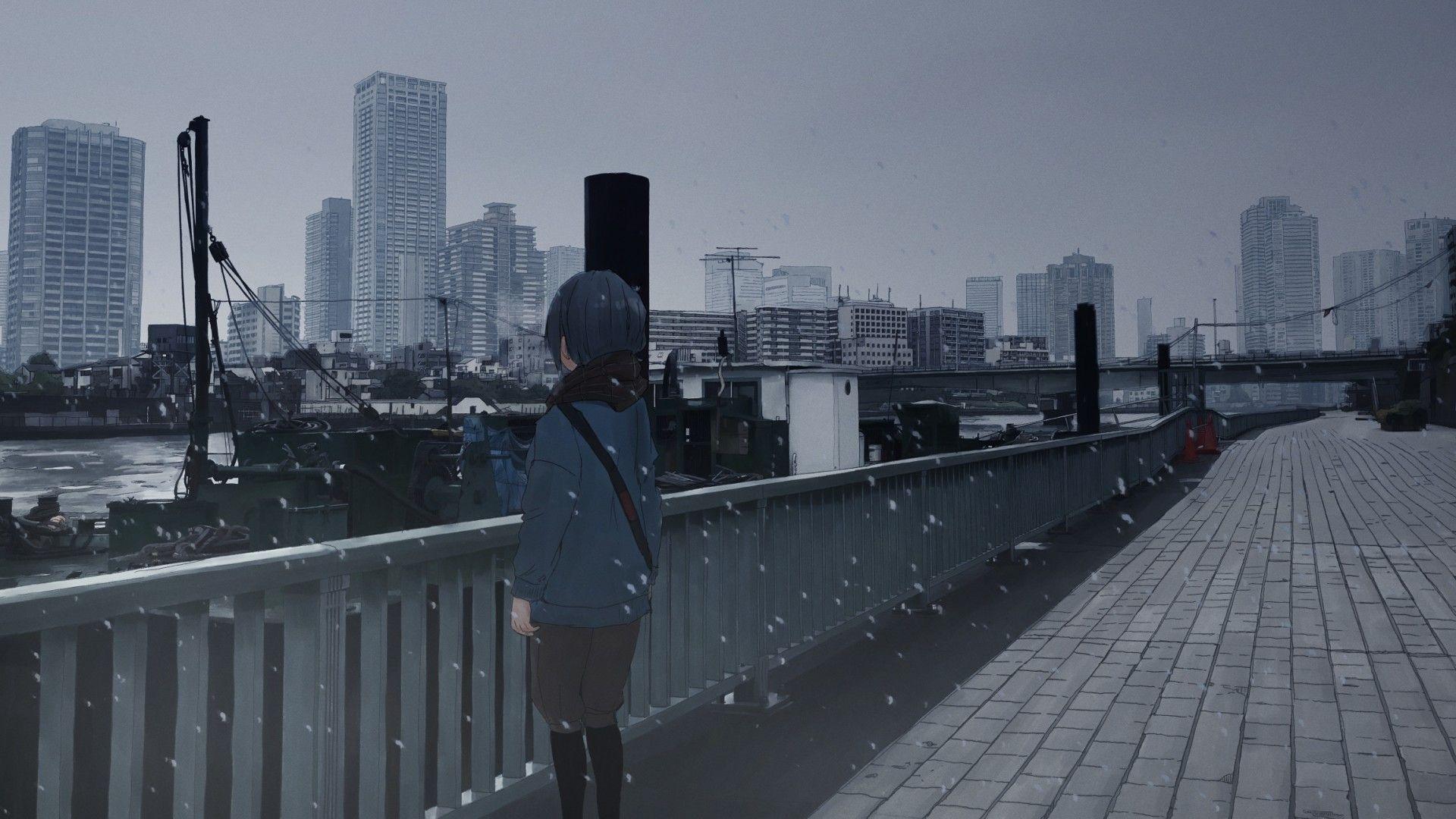1920x1080 Download 1920x1080 Anime Cityscape, Fence, Buildings, Architecture
