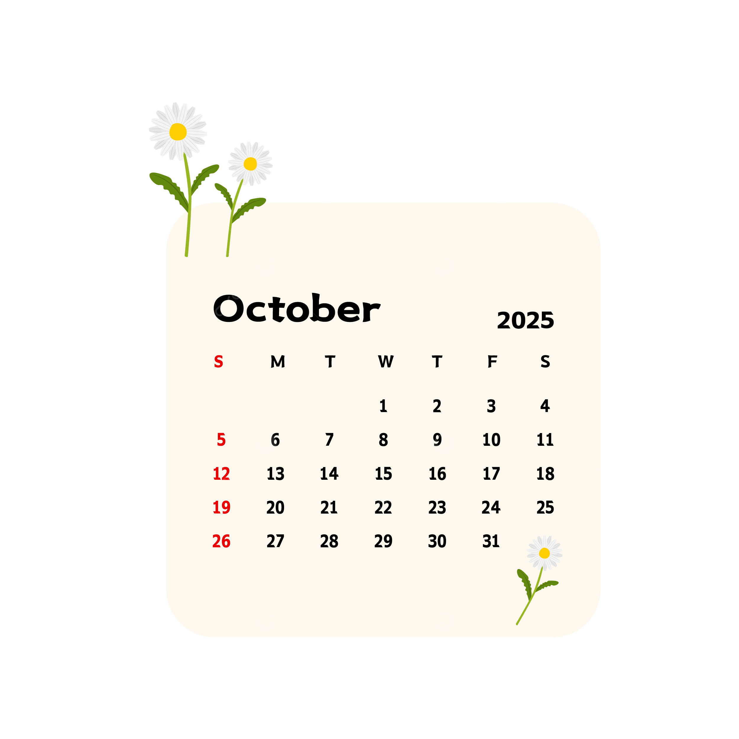 2500x2500 October 2025 Calendar With Cartoon Daisy Flowers Vector, Calendar Clipart, Daisy Clipart, Cartoon Clipart PNG and Vector with Transparent Background for Free Download