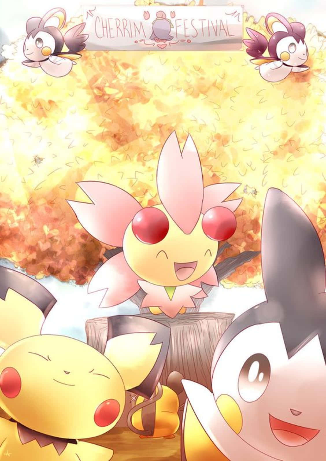 1128x1594 Download Cherrim Pikachu And Emolga Wallpaper