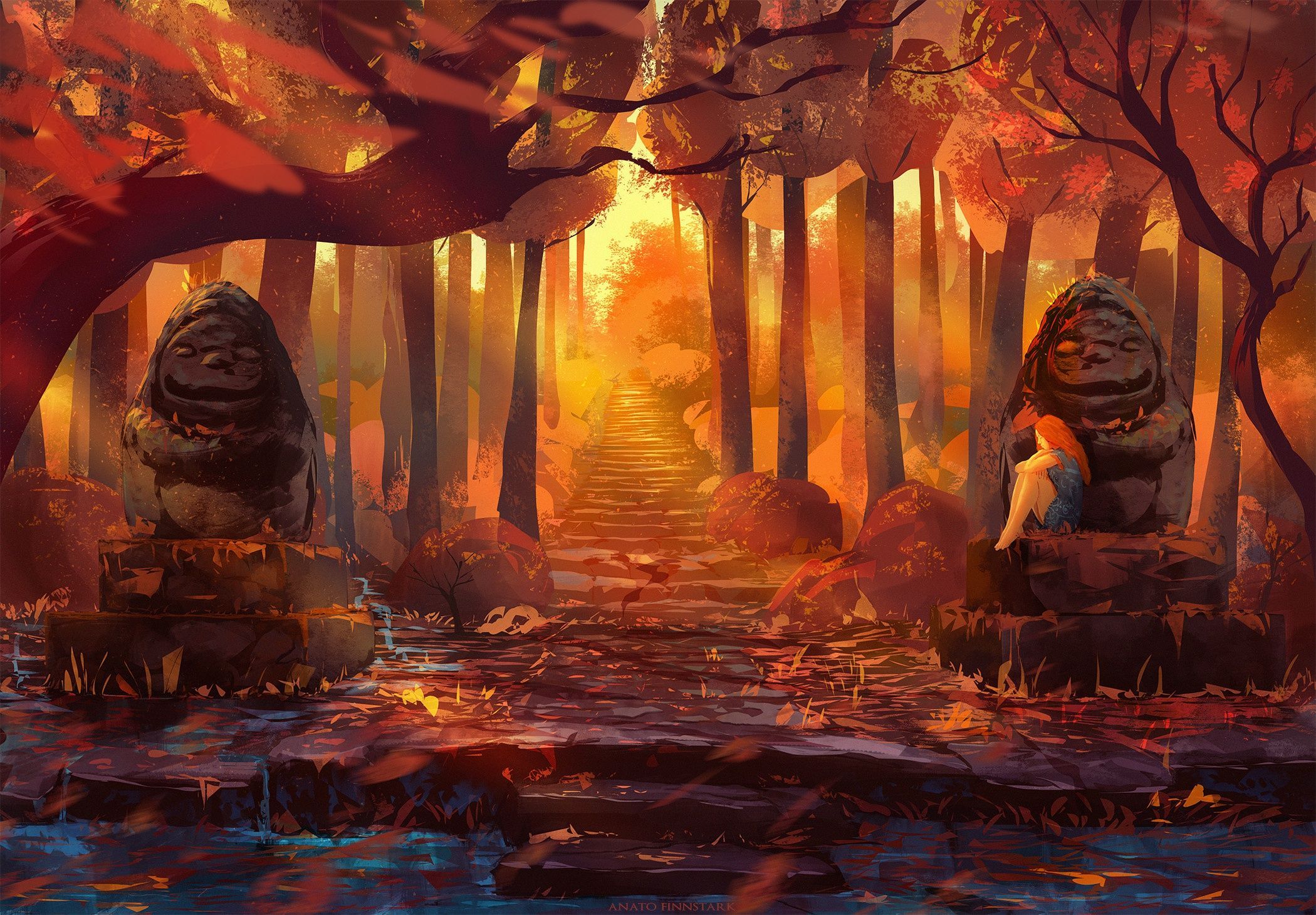 2100x1460 Mystical Autumn Pathway: Oriental Statues in a Fantasy Forest HD Wallpaper