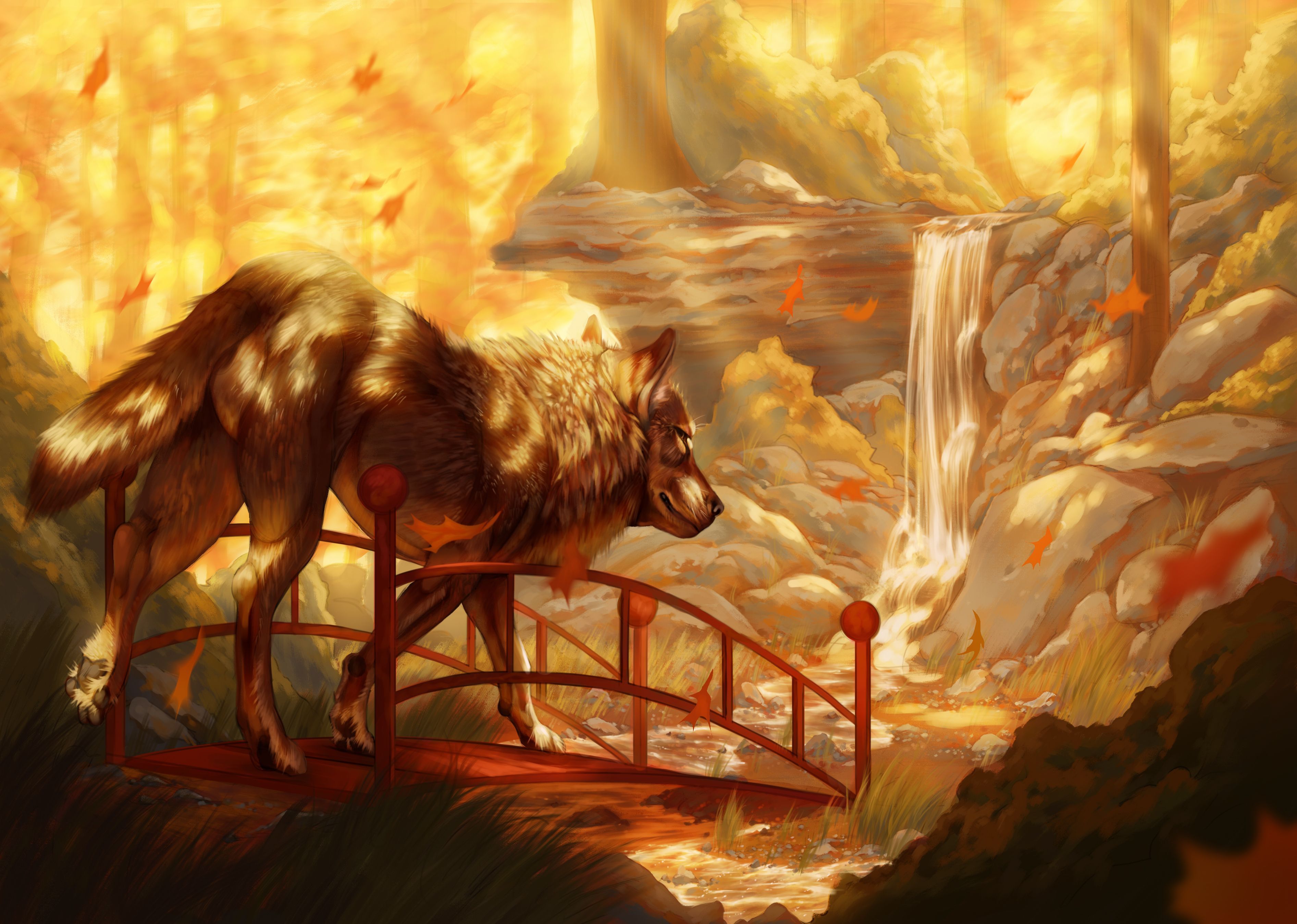3786x2698 Autumn Wolf by the Mystic Waterfall