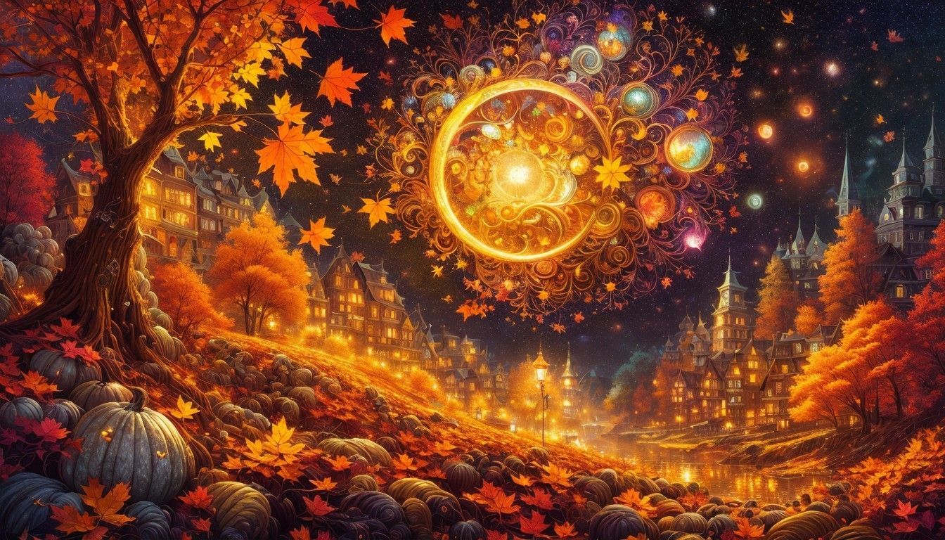 1344x768 Colorful Fantasy Landscape with Autumn Trees and Glowing Pumpkins. Deep Dream Generator