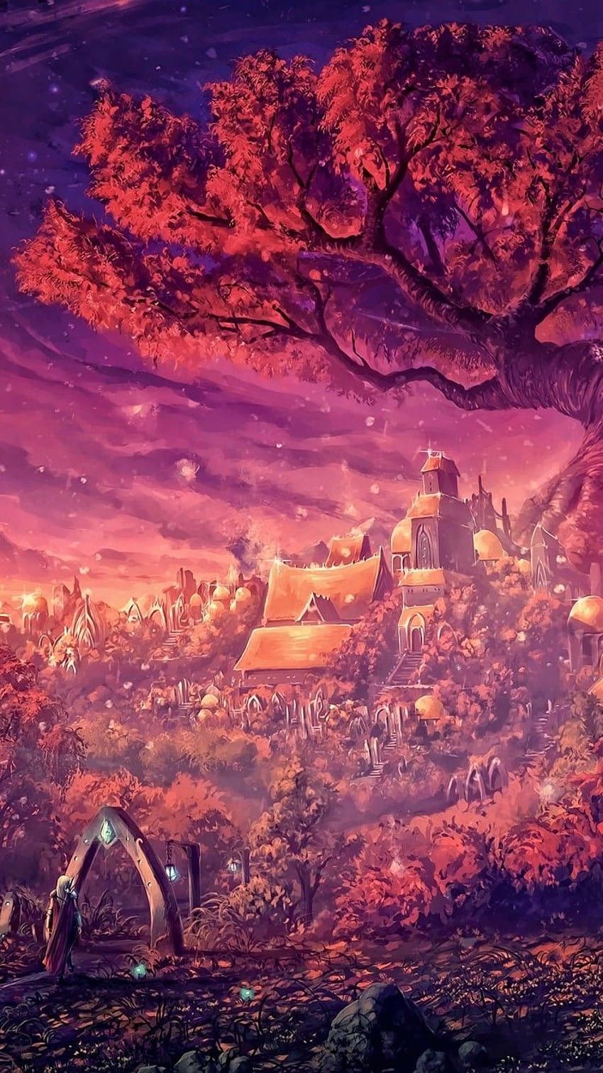 850x1512 Fantasy Landscape, Village, Sacred Tree, Tablets, Magical, Autumn for iPhone iPhone autumn fantasy iphone 11 HD phone wallpaper