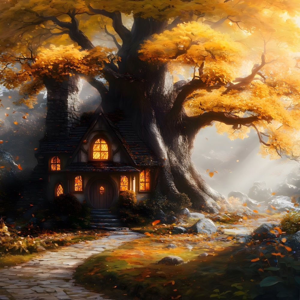 1000x1000 Autumn Maple Tree House Stone Trail Backdrop RR9 32
