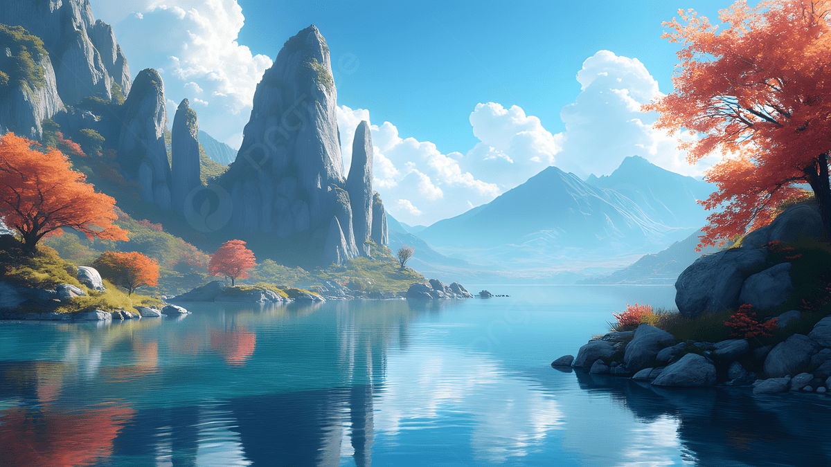 1200x675 Discover A Tranquil Fantasy Scene With Autumn Colors And Misty Mountains Background, Fantasy Landscape, Serene Lake, Autumn Hues Background Image And Wallpaper for Free Download